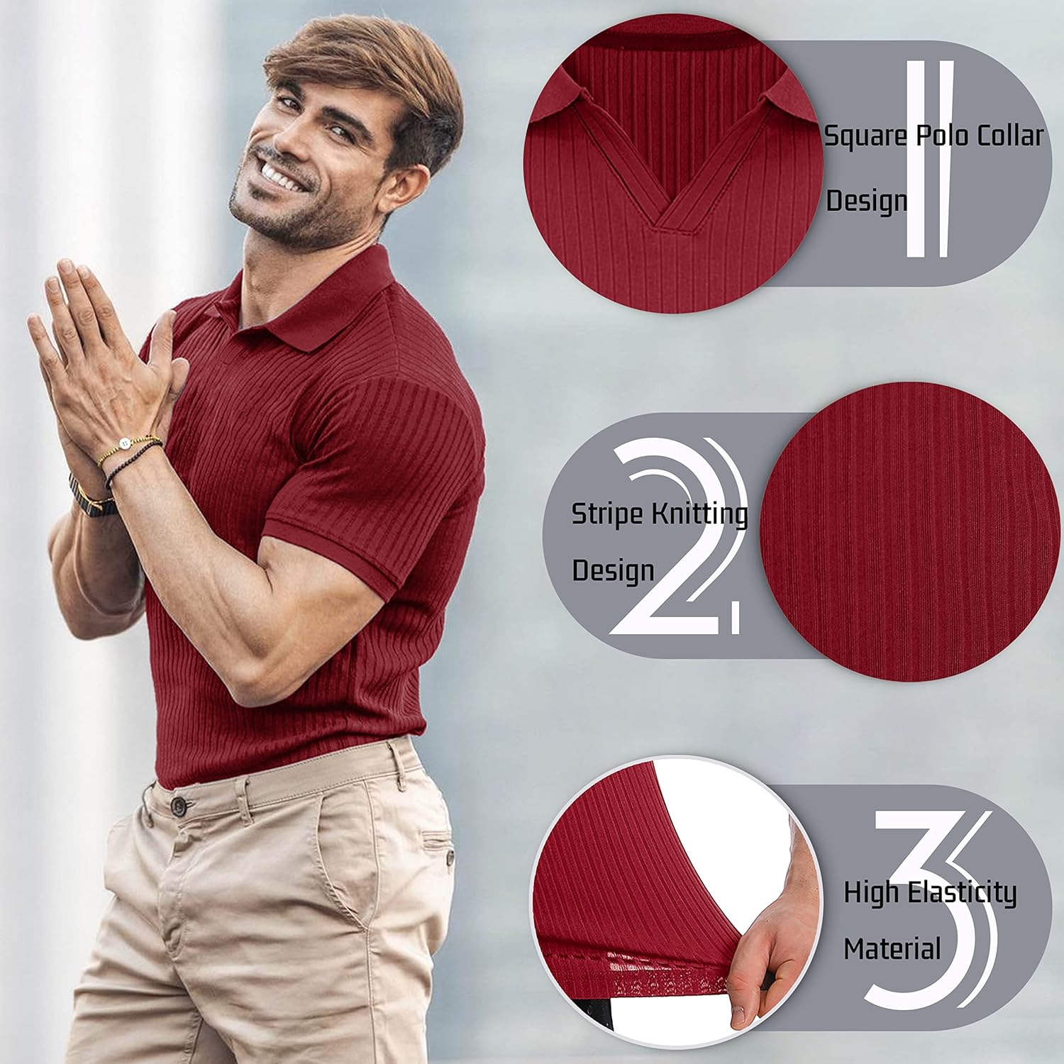 Collared Muscle Shirts for Men Ribbed Knit Slim Fit Polo Shirts Short Sleeve, Mens V Neck T Shirts Casual Stylish - Image 4