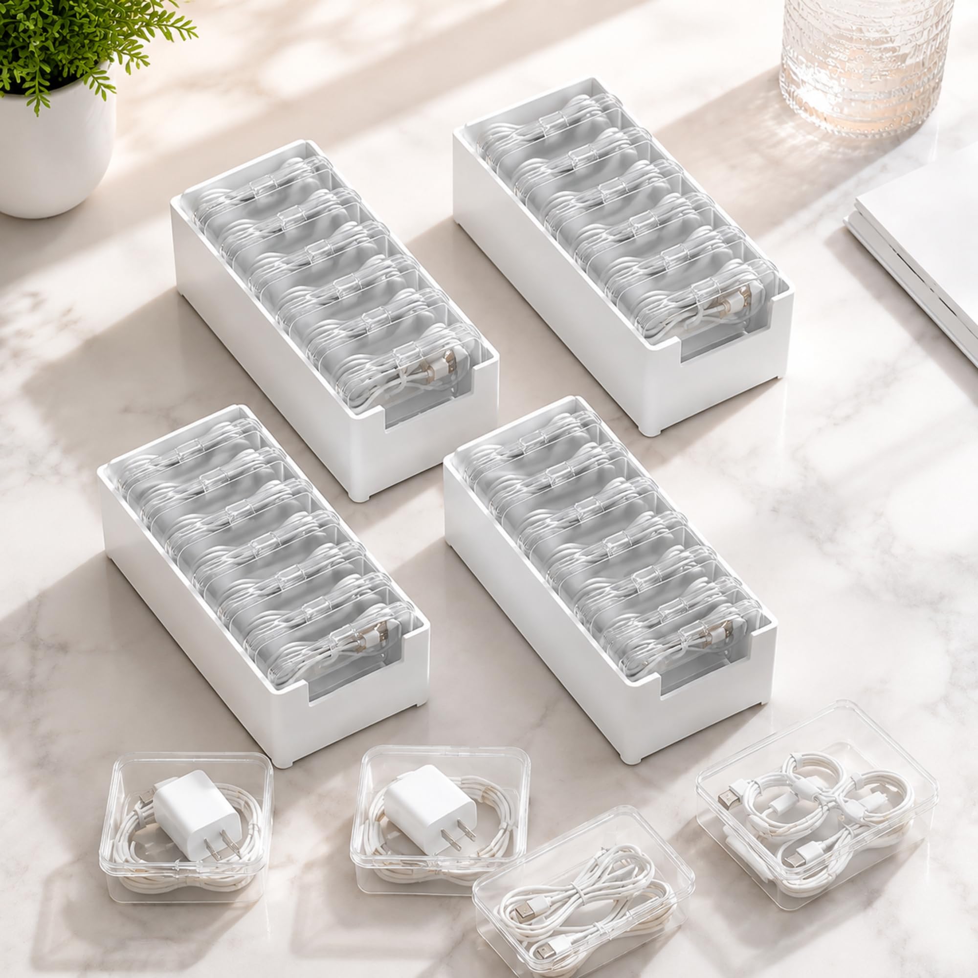 Tatuo Scatola organizer per 4 cavi con 14 custodie trasparenti, 7 scomparti, organizer per cavi di ricarica, cavi USB, auricolari, cassetti da scrivania, accessori per la casa, ufficio, colore bianco