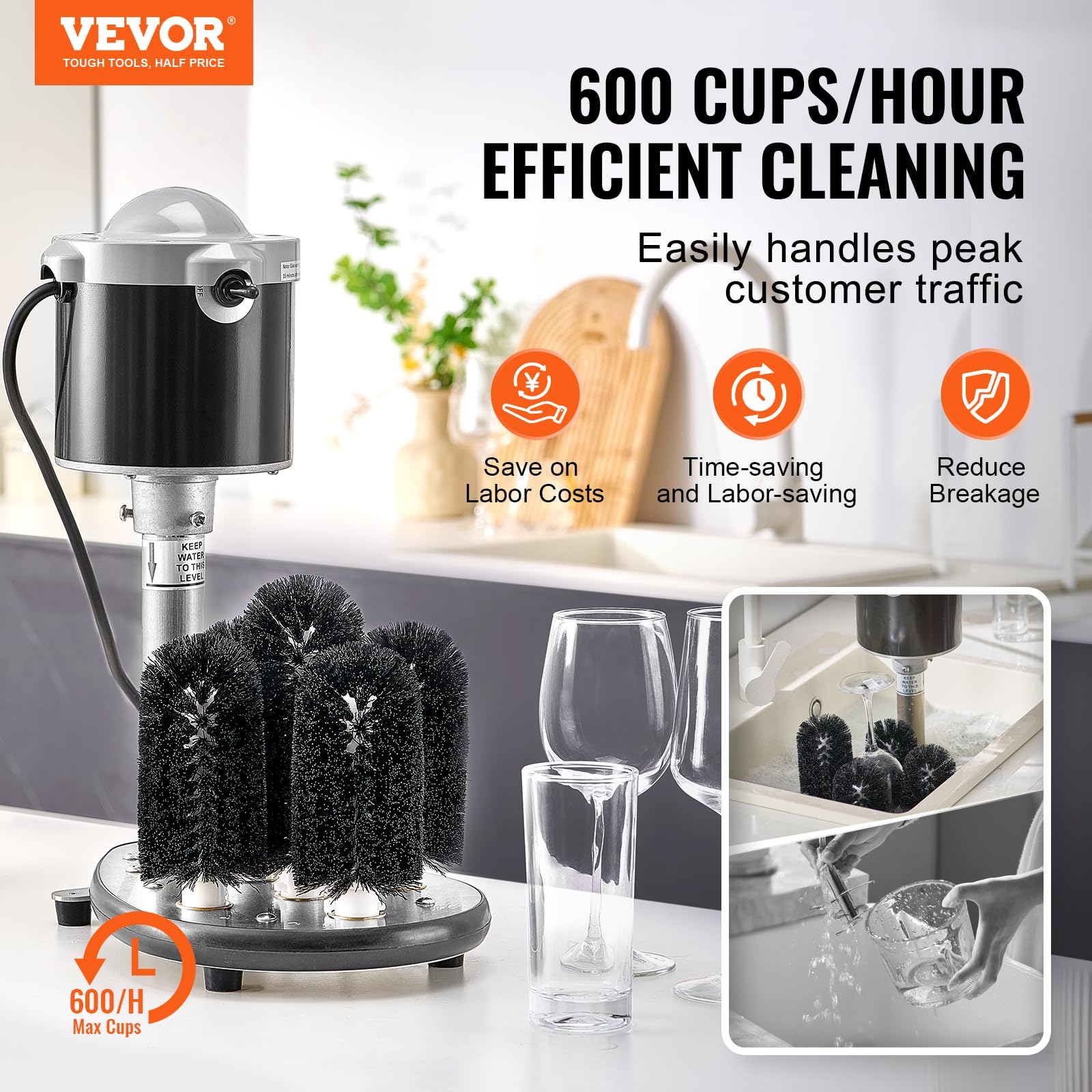 VEVOR elektrischer Gläserspüler Glasreiniger mit 5 Bürsten für Bars, 600 Tassen/h Weinglas-Reinigungsmaschine, Gläserspülmaschine für Sektgläser Bierkrüge Becher, perfekt für Bars Cafés