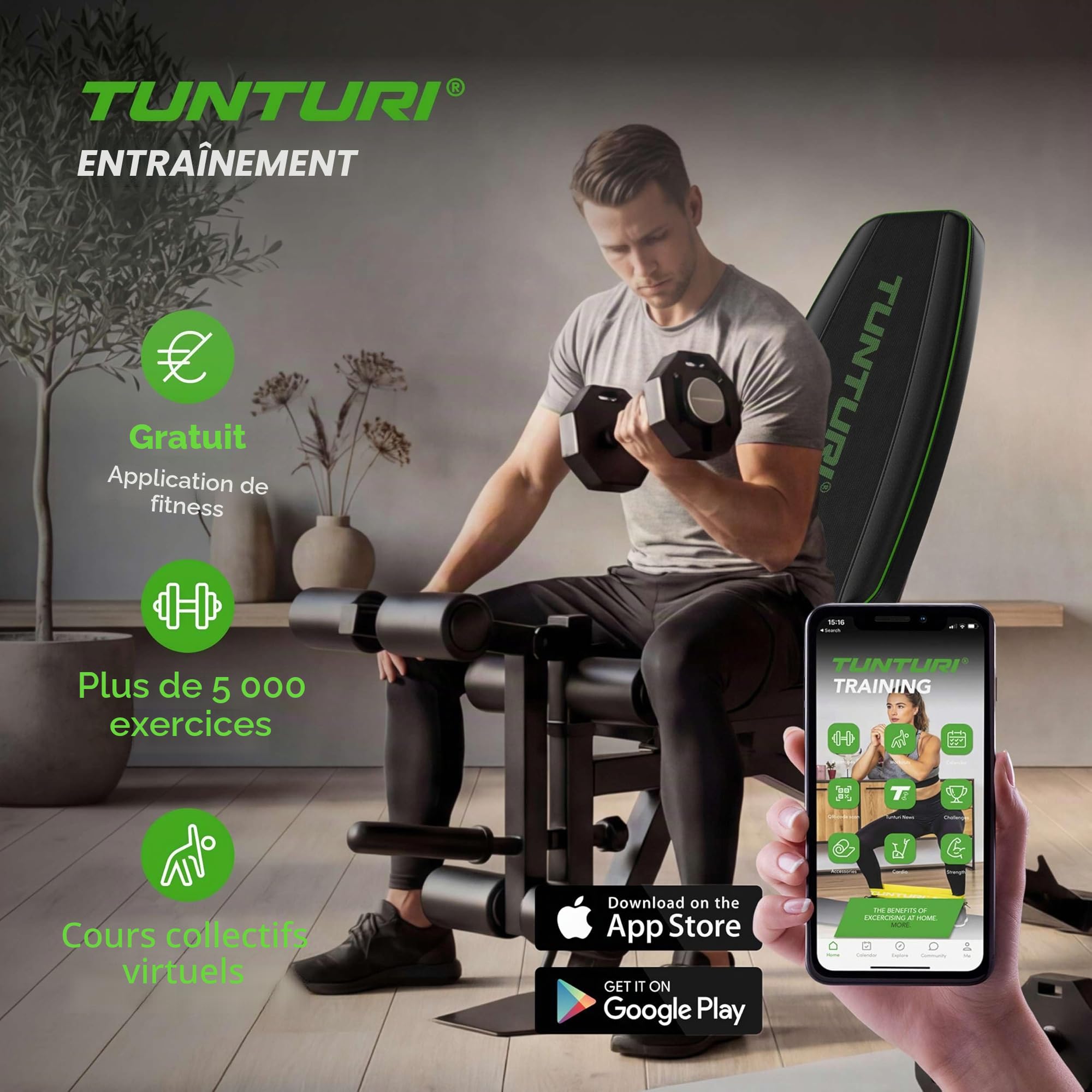 Tunturi UB60 - Banc de musculation - Bancs réglables - pour exercices de musculation à la maison/au bureau