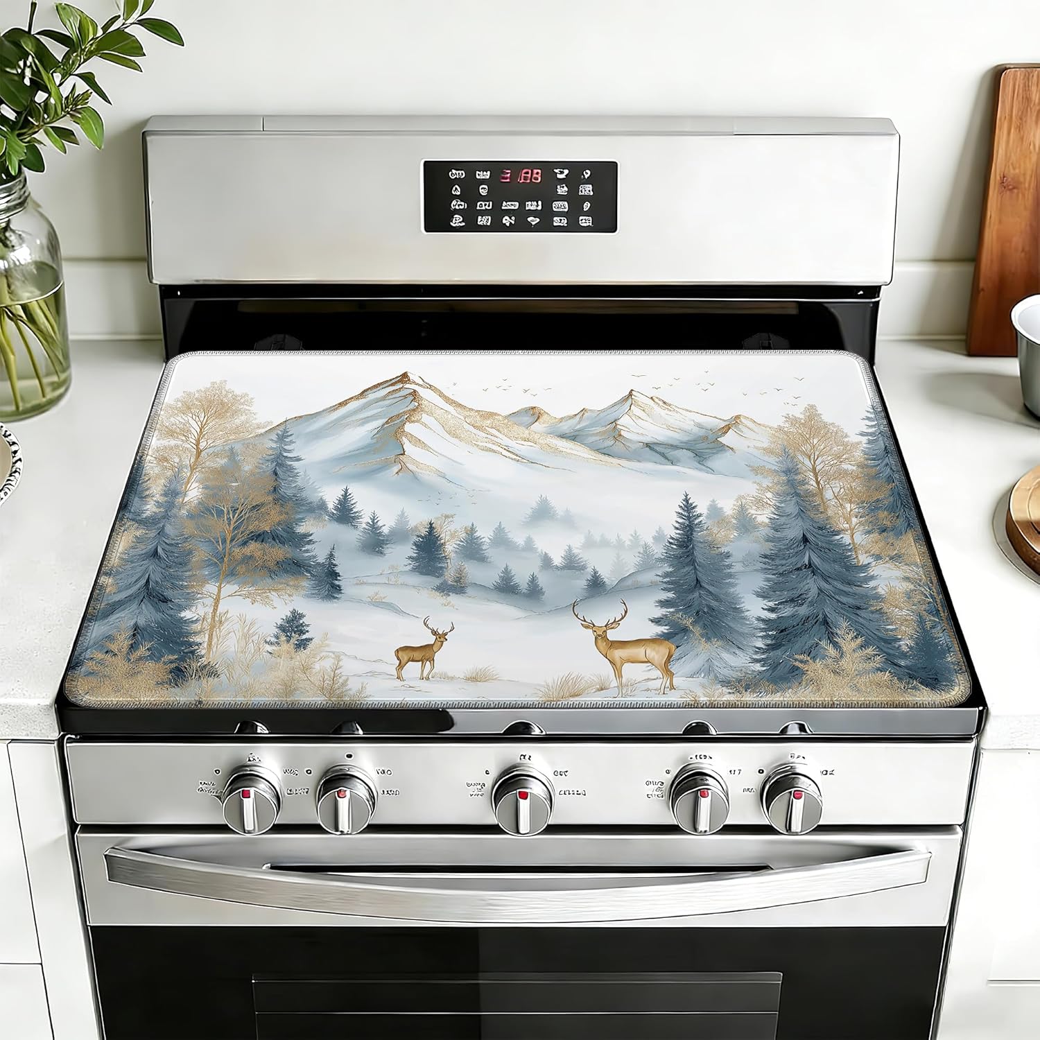 Winter Mountain Electric Stove Top Cover,Forest Deer Stove Top Cover for Electric Heat Resistant Mat for Gas Cooktop Kitchen Washable Countertop Protector Mat 28.5×20.5in