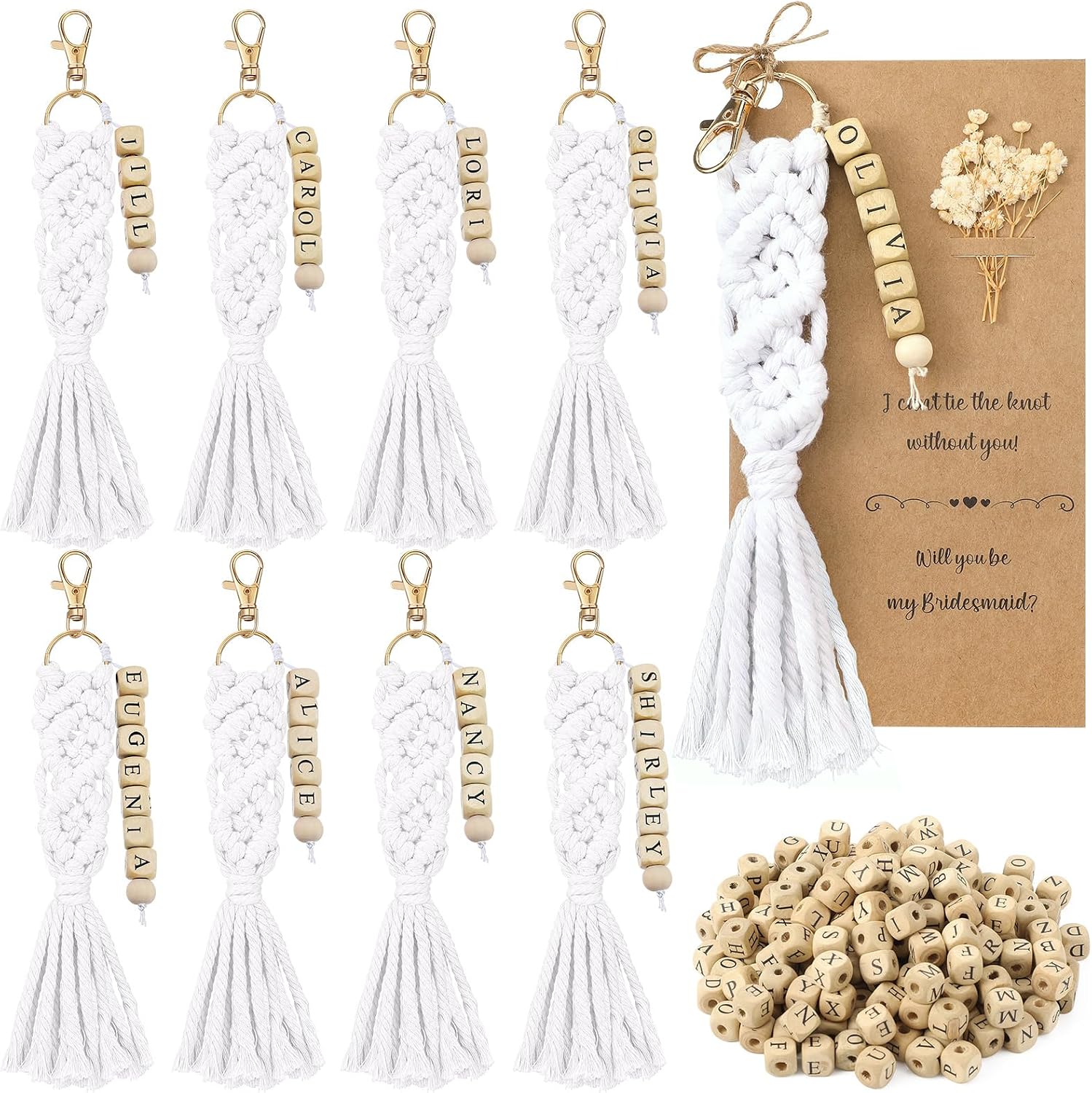 Ferreve 8 Sets Bridesmaid Proposal Gift Boho Macrame Keychains DIY Name Craft Keychain Making Bridesmaid Bridal Shower