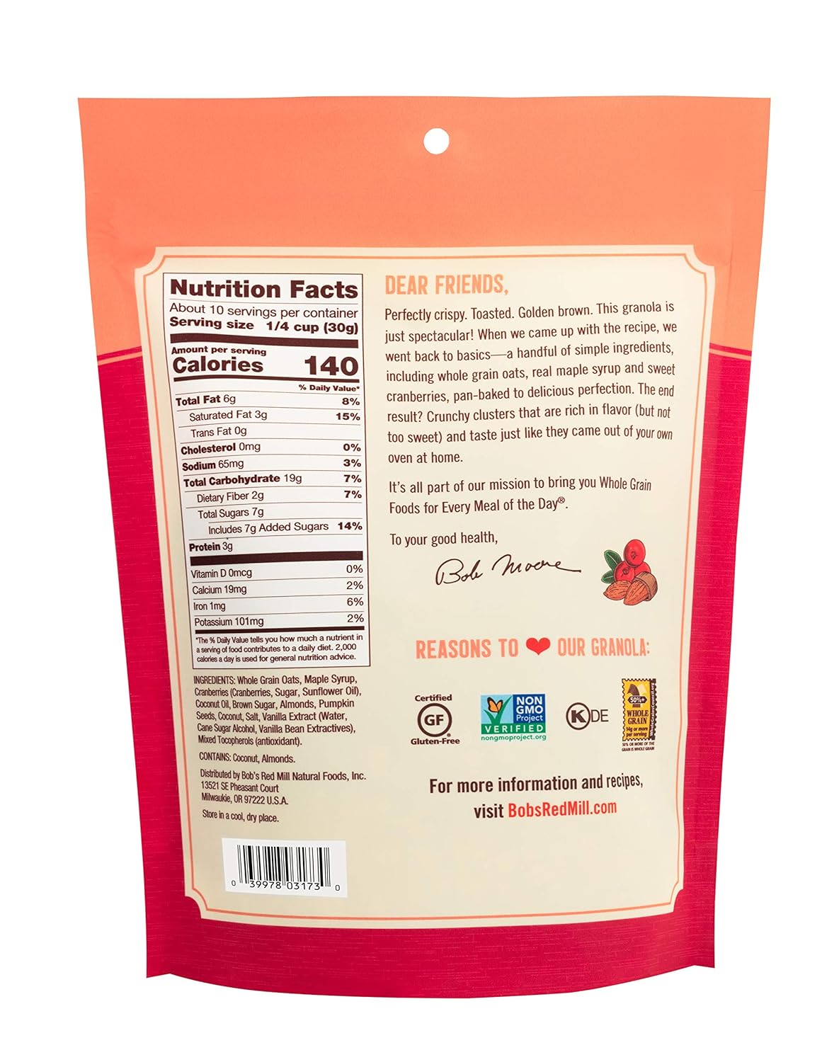 Bob's Red Mill Cranberry Almond Granola, 11oz (Pack of 6) - Non GMO, Whole Grain, Kosher