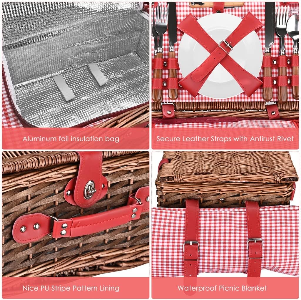 24PCS Handmade Wicker Picnic Basket Set for 4 Person with Waterproof Blanket for Family Outdoor Party
