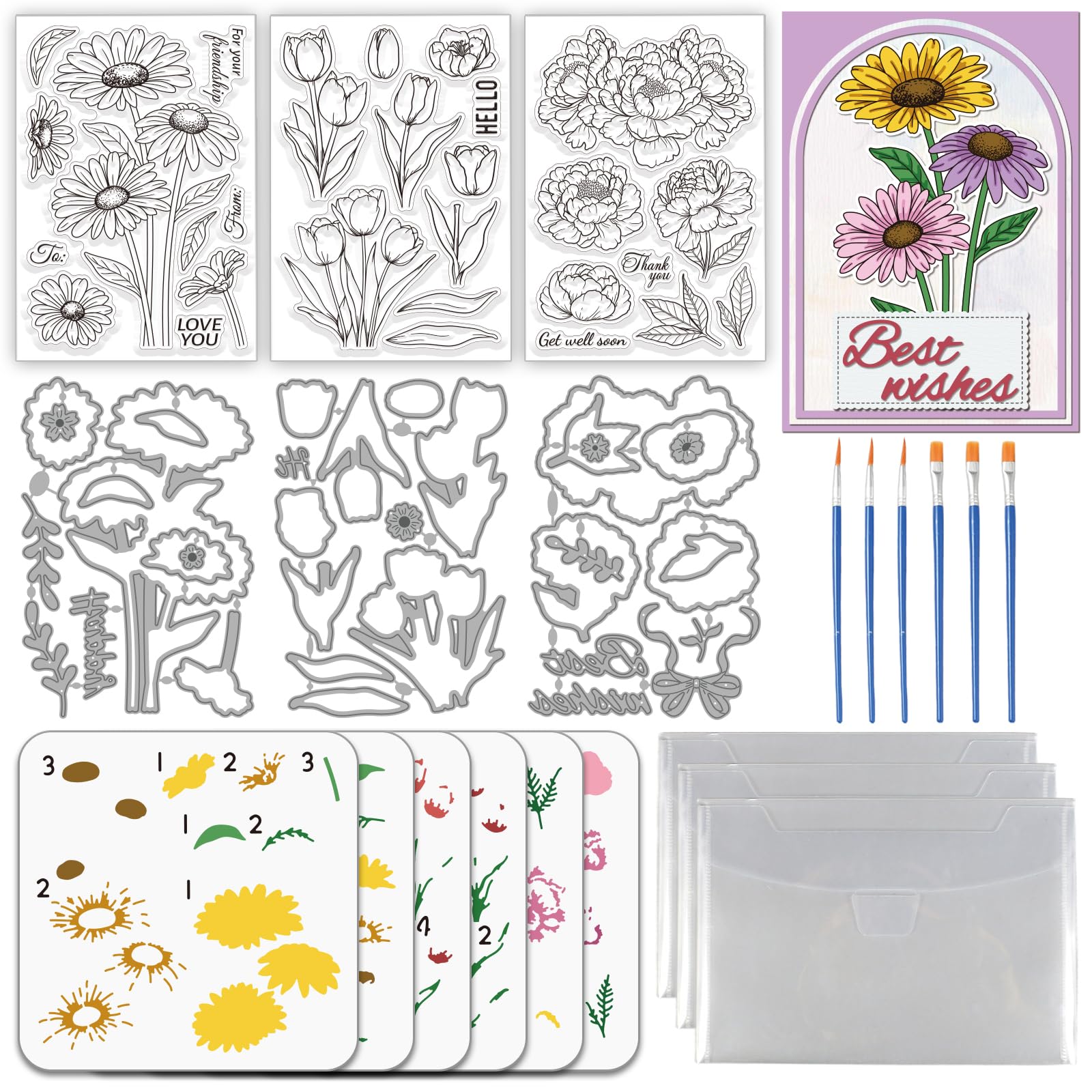 TWINKLEMON 3 Sets Flower Clear Stamps & Cutting Dies & Painting Stencils for Card Making, Daisies Tulips Peonies Stamp and Metal Die Cuts PET Layering Coloring Stencil for DIY Scrapbooking Arts Crafts