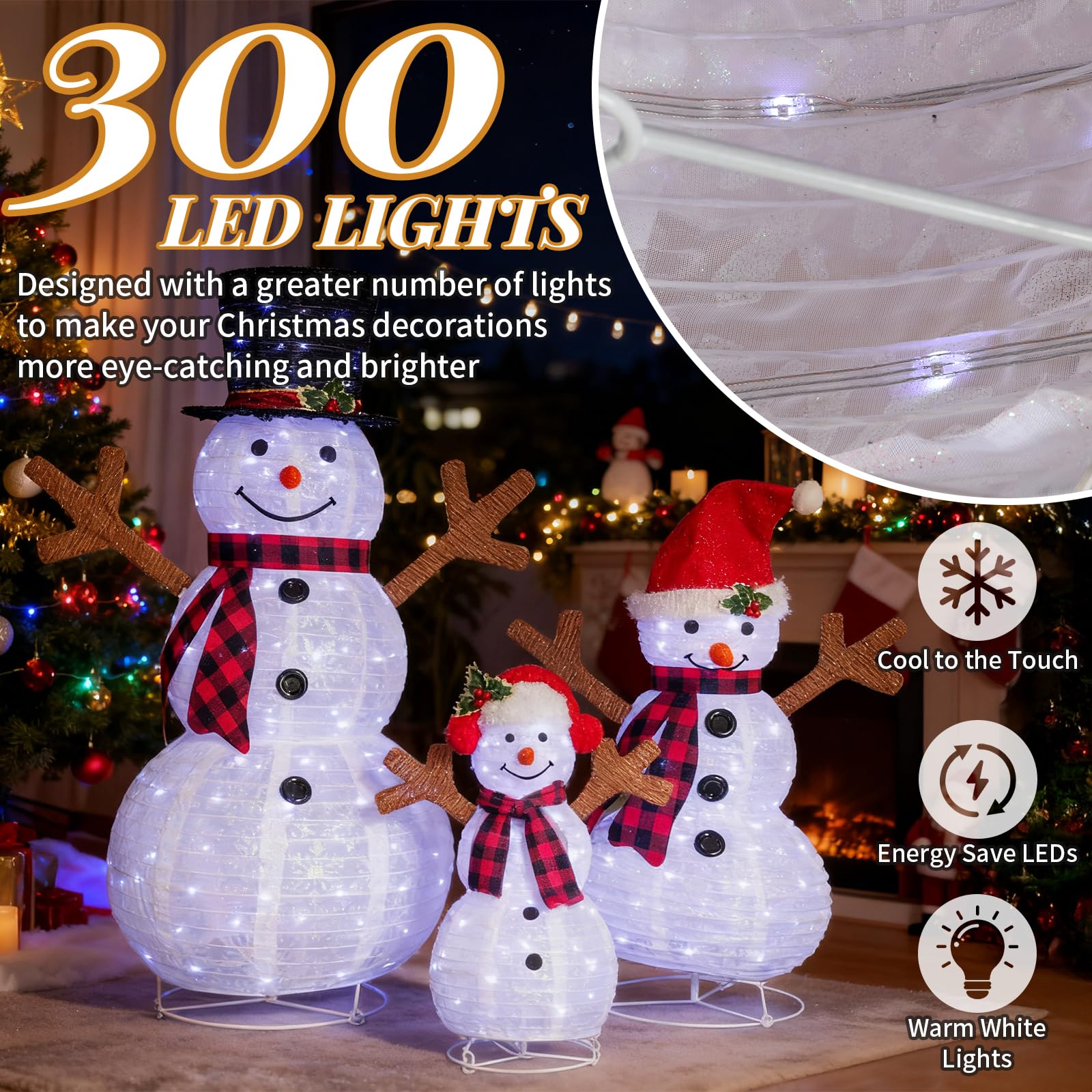 Ensemble de 3 décorations Lumineuses de Noël représentant Une Famille de bonhommes de Neige