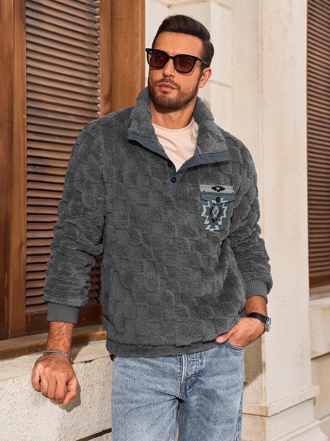 Yousify Mens Fuzzy Sherpa Sweatshirt Flannel Fleece Pullover Jacket Casual Quarter Button Aztec Coat Western Sweaters - Image 2