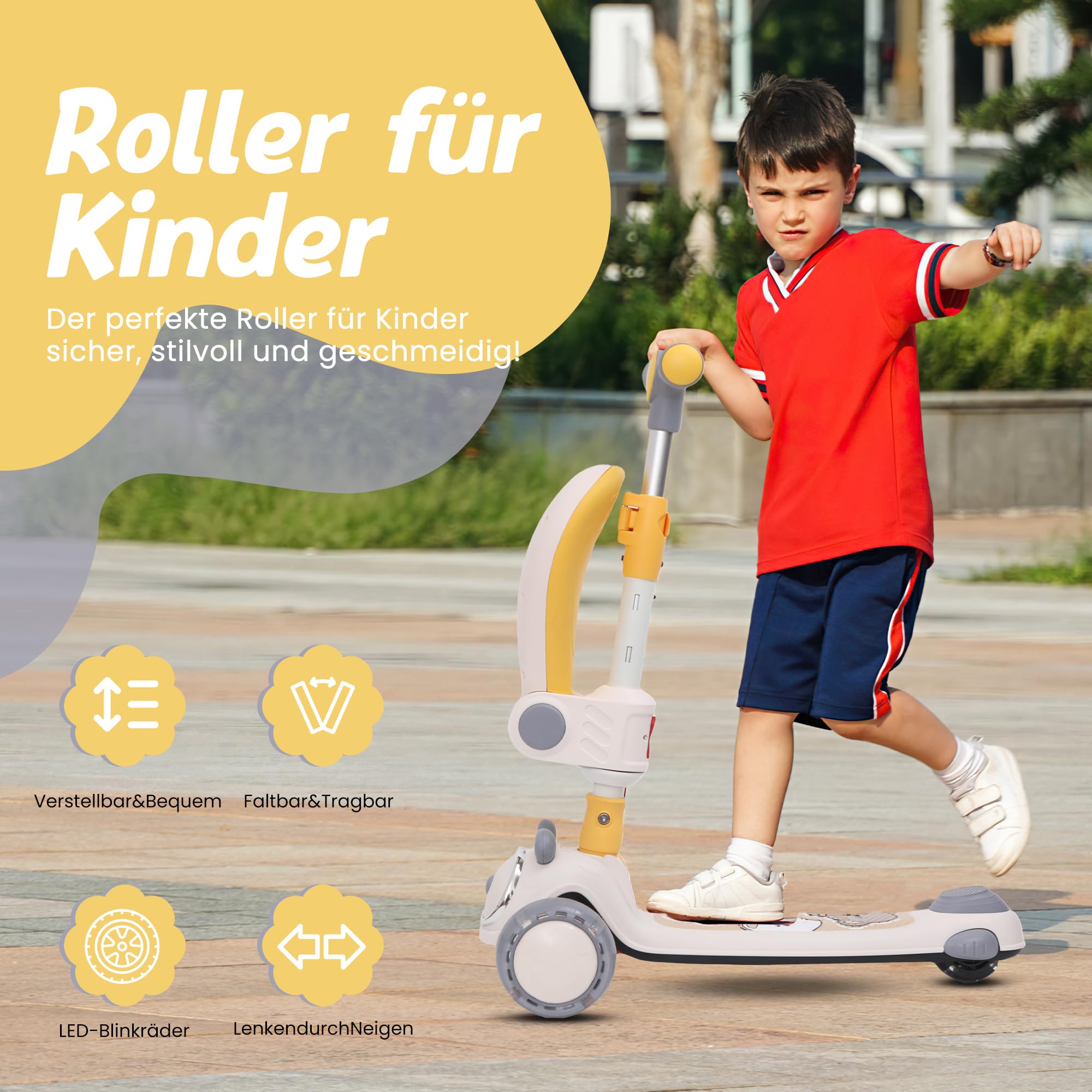Habib Gruppe Patinete infantil 2 en 1 plegable con asiento, ruedas LED, ajustable y ligero (1-12 años), seguro y robusto