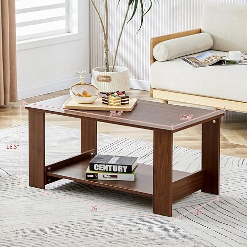 Miniatura 1 de Mesas de centro modernas de madera de 2 niveles, mesa rectangular de almacenamiento espaciosa en nogal, ideal para sala de estar, sala de recepción