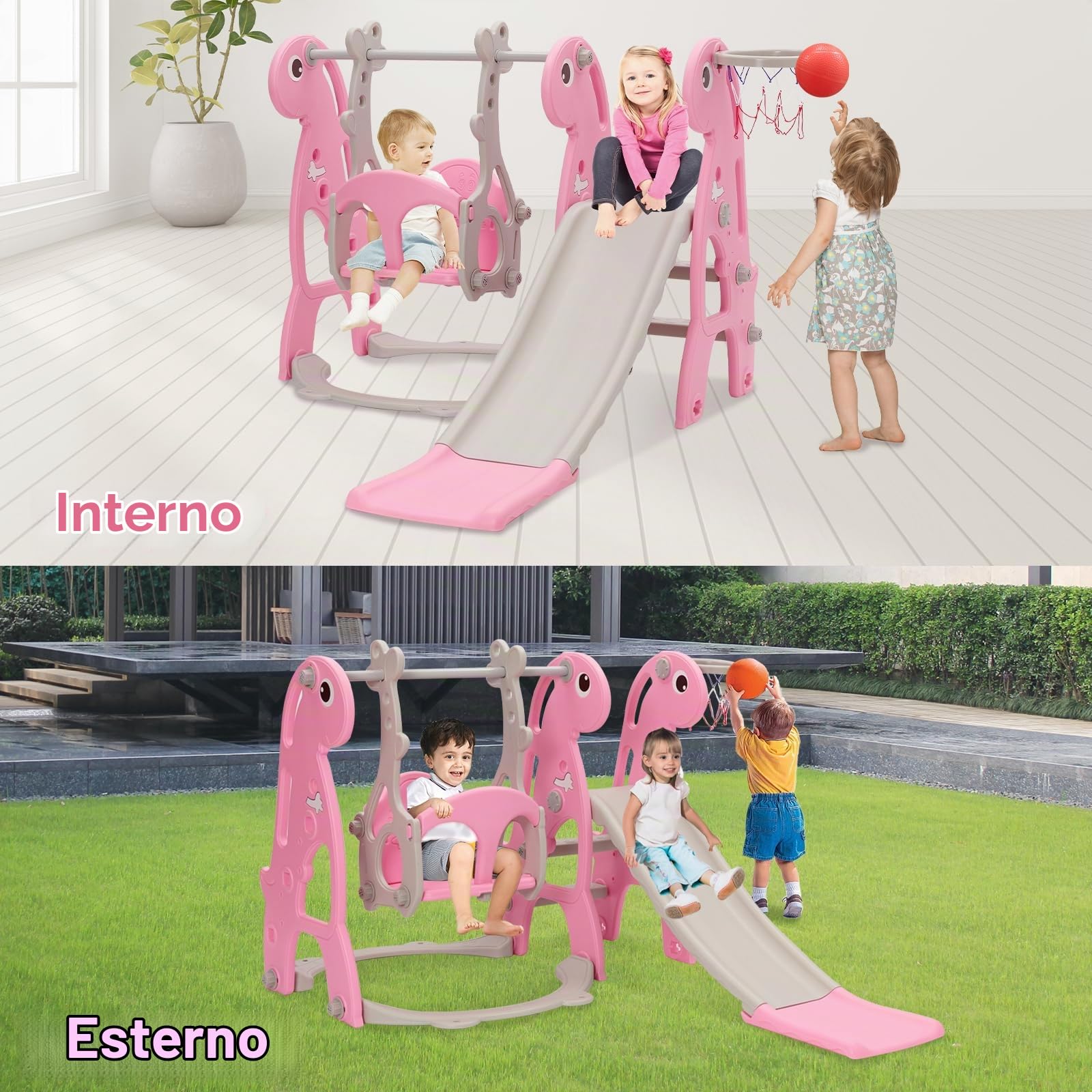 Set di scivolo e altalena per bambini con pallacanestro | Scivolo da interni per bambini, set da gioco autoportante e altalena regolabile in altezza (rosa)