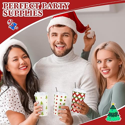 Miniatura 6 de 100 vasos desechables de Navidad de 16 onzas con tapas y pajita, tazas de papel de Navidad, tazas de café, suministros de vacaciones para