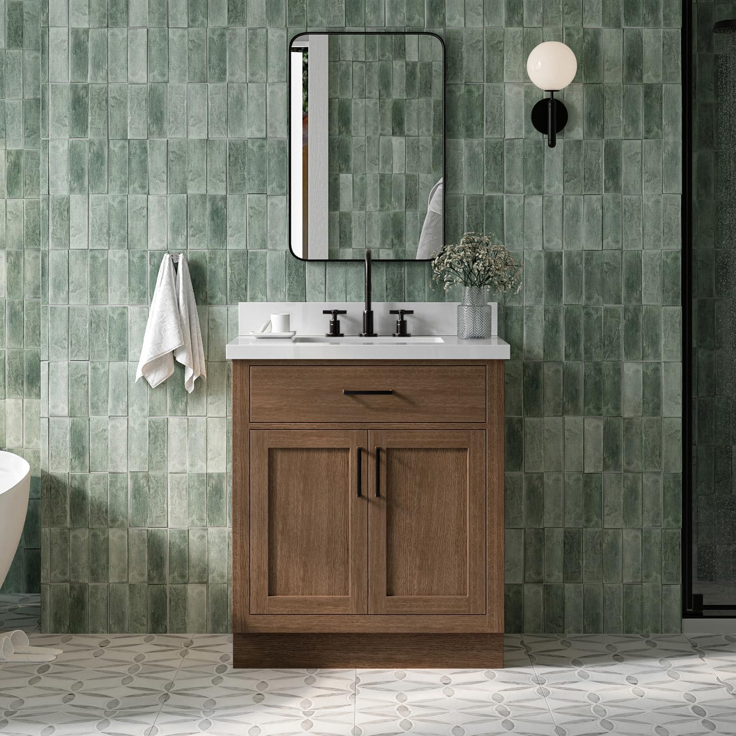 ARIEL Hepburn 30-inch Bathroom Vanity with Sink, Solid Wood, Brown Oak