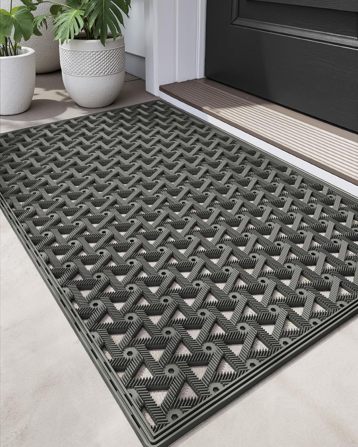DEXI Front Door Mat Outside Entrance Rubber 19x30, Welcome Floor Doormat Heavy Duty Non Slip, Dirt Trapper Waterproof Exterior Entry Mats All Weather for Patio Entryway Drainage, Grey