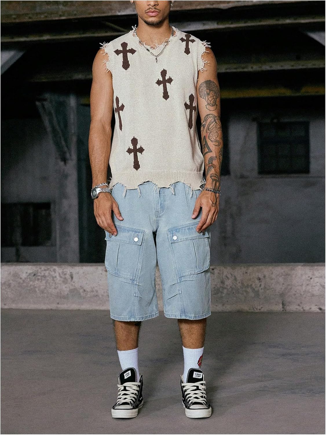 Verdusa Men's Ripped Sweater Vest Summer Streetwear Goth Sleeveless Knit Tops - Image 6