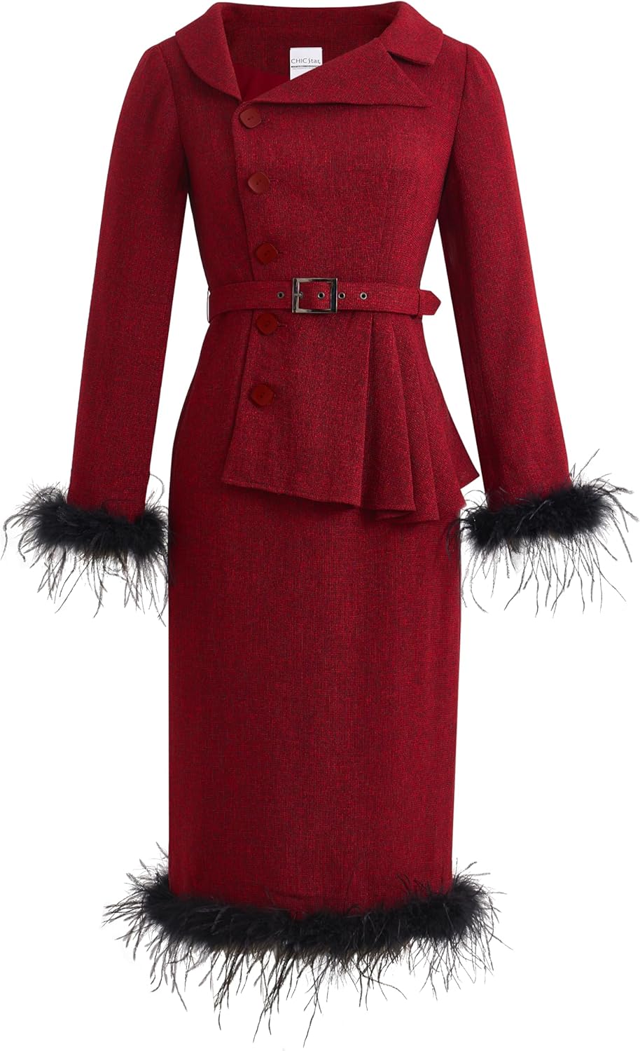 CHIC STAR Womens Tweed Coat Dress Ensemble, Ostrich Feather Trim On Sleeves and Hem, Asymmetric Peplum Detail