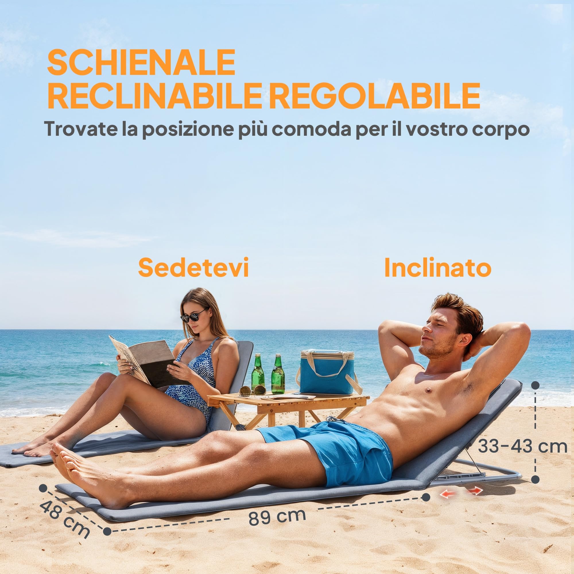 Outsunny Sdraio da Spiaggia Pieghevole 2 Pezzi con Schienale Regolabile, Acciaio e PE, 134x48x33-43 cm, Grigio