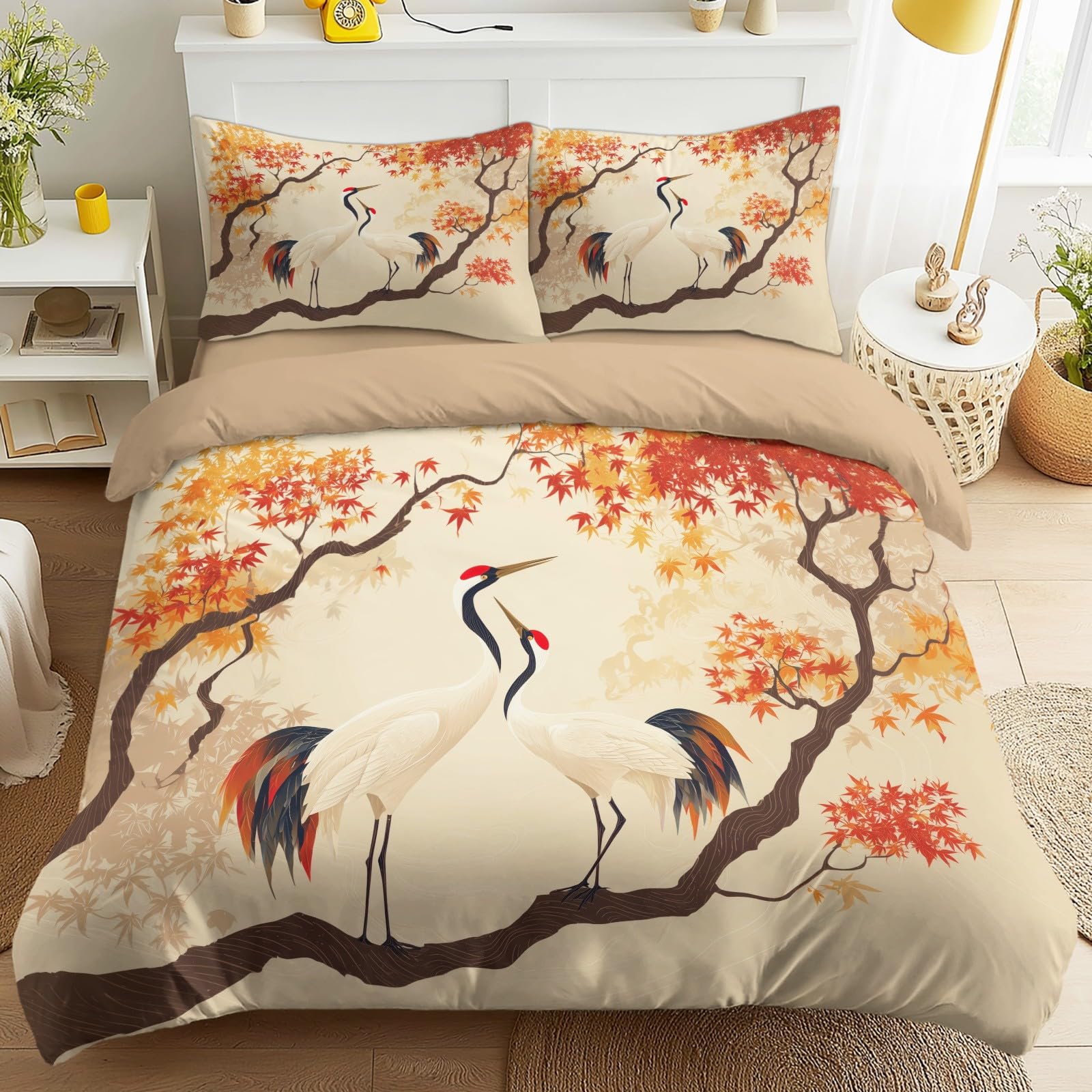 Housse de couette 260x240 grue et feuille d'automne pour une chambre zen