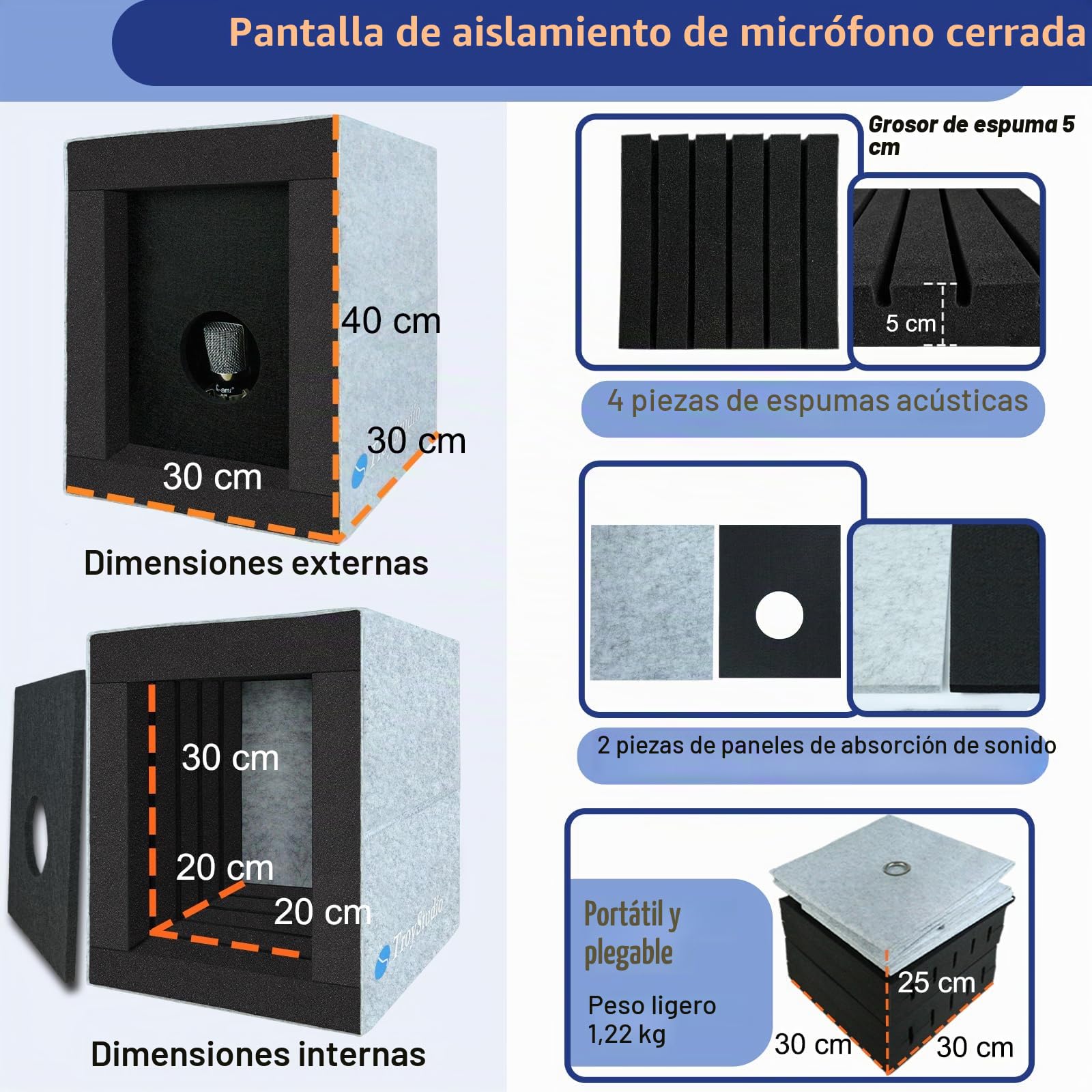 BXI Cabina vocal cerrada, caja de aislamiento de micrófono portátil, filtro reflectante plegable con espuma acústica y paneles, grabación de sonido, equipo de estudio en casa para podcast, música, voz