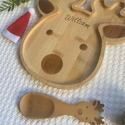 Miniatura 5 de Juego de platos y cuchara personalizados de bambú para niños y niñas, regalo de Navidad, plato de reno de Papá Noel