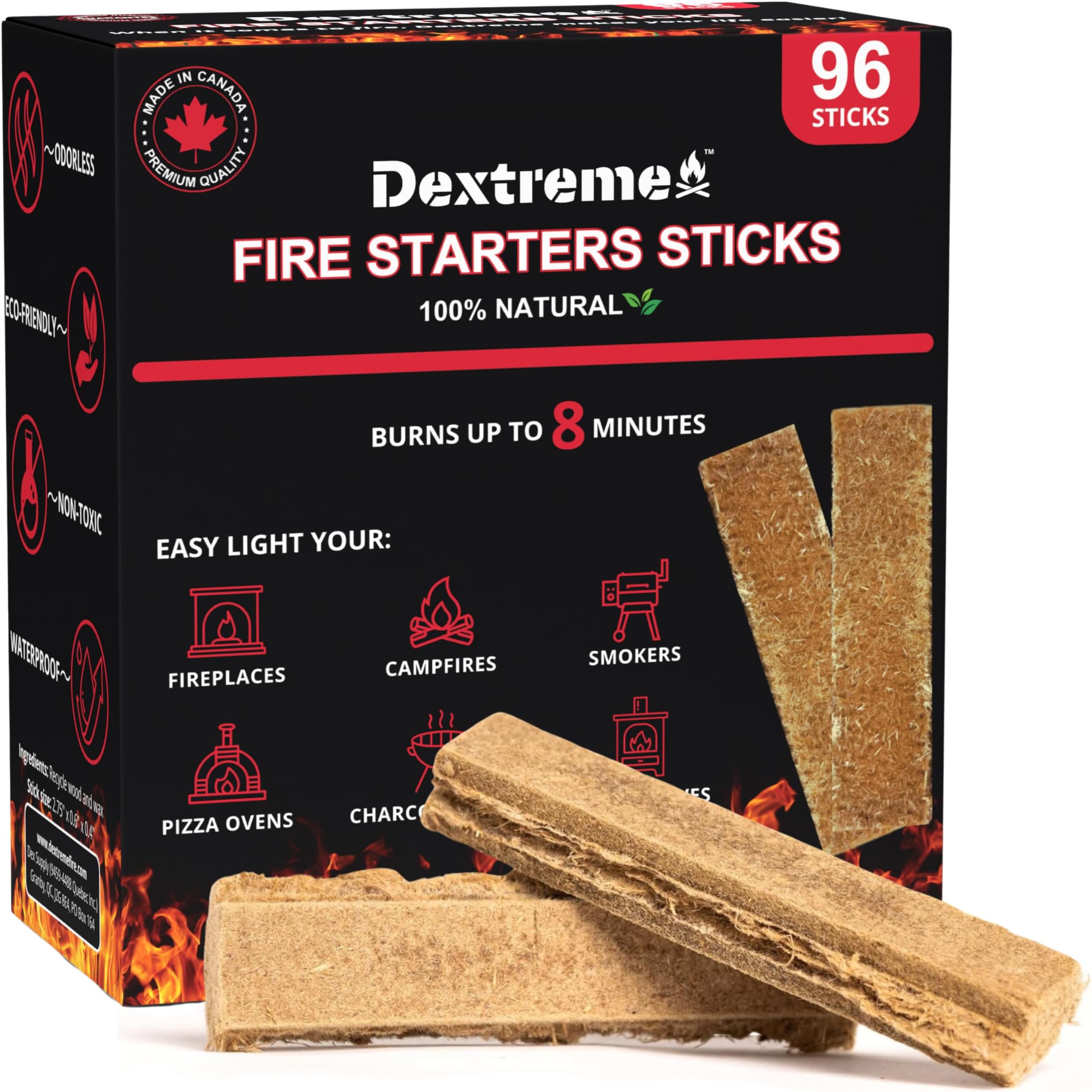 Dextreme Fire Starters Sticks 96 Pcs - Fire Starter for Campfire, Charcoal, BBQ, Grill Pit, Fireplace, Camping, Wood & Pellet Stove- 8 Minutes Burning Time - All weather, Odorless, Natural Firestarter