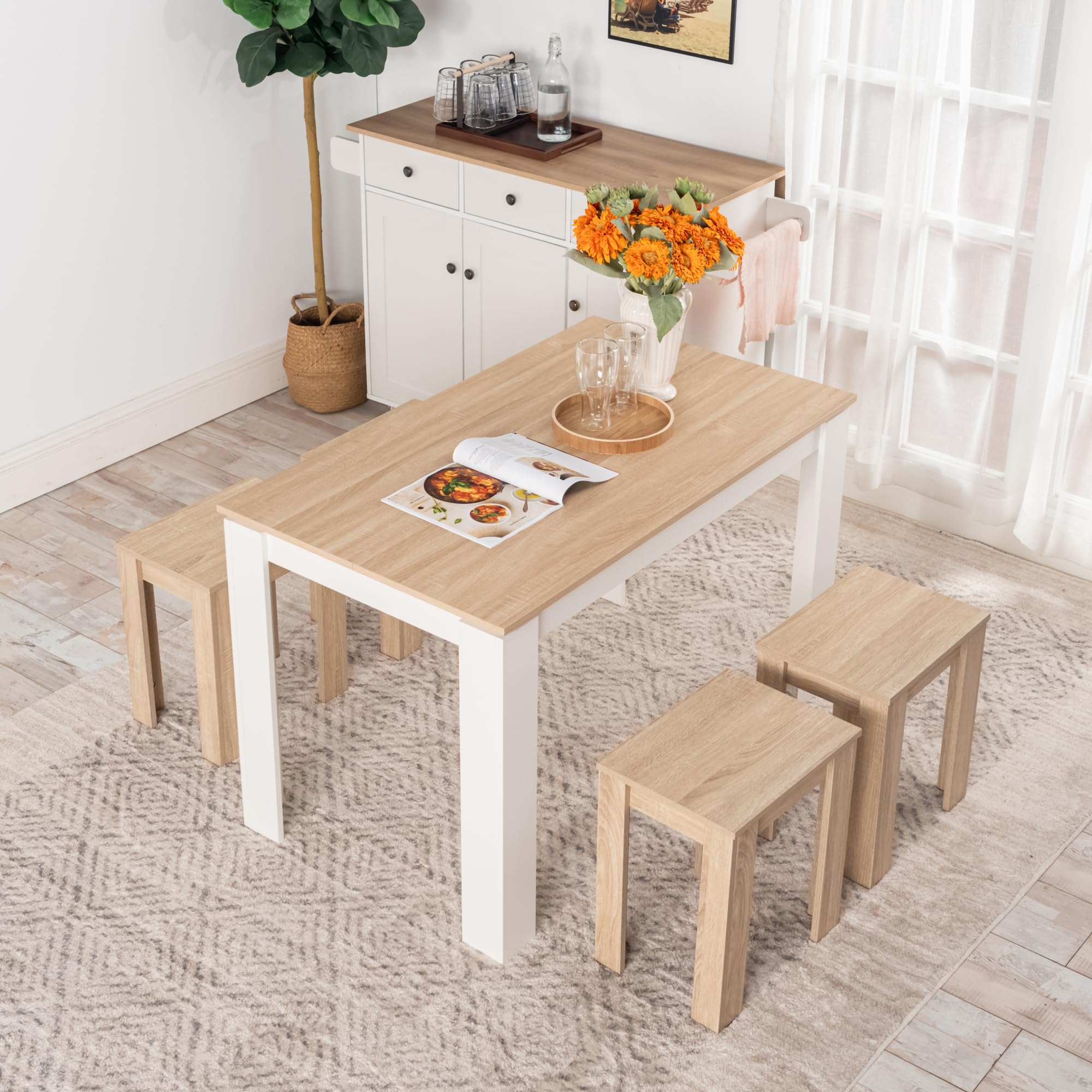 FURNITABLE Juego de Comedor,Mueble Cocina,Mesa y 4 Taburetes de 5 Piezas,Moderno Mesa Comedor con 4 Sillas, Roble y Blanco, 120 x 70 x 75cm