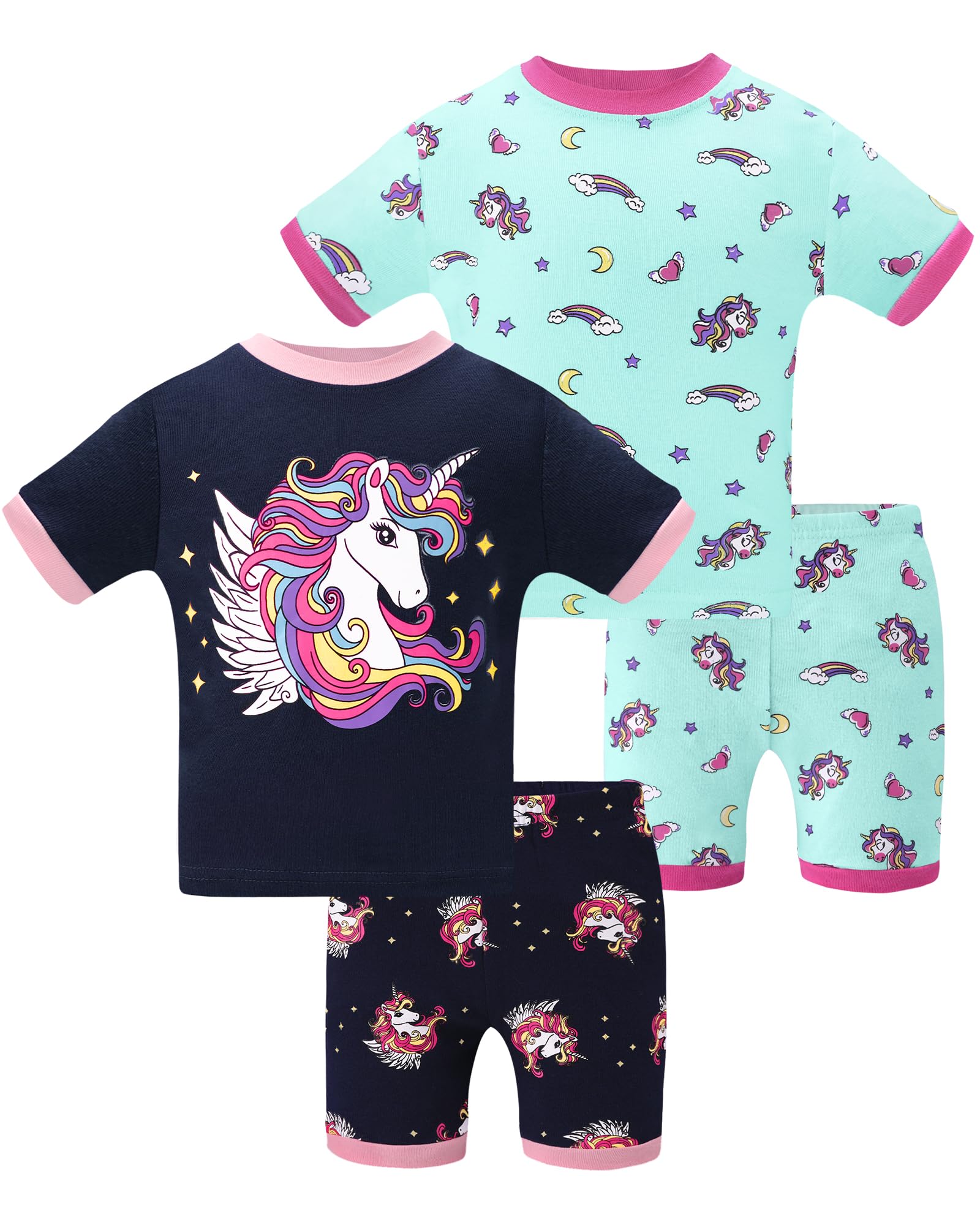 DAUGHTER QUEEN Girls Summer Pajamas Set 4 Pieces 100% Cotton Sleepwear Size 18 Months-12 Years