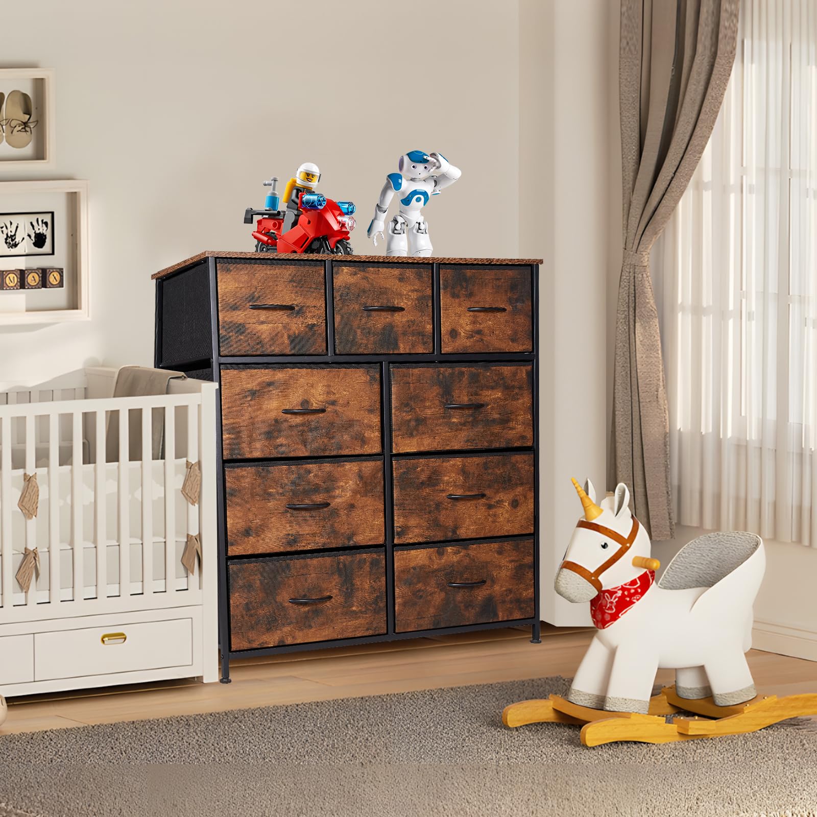 Kommode mit 9 Schubladen aus Stoff, Kinderzimmer Organizer für Schlafzimmer, Aufbewahrungsturm mit Schrank Metallrahmen Holzplatte, Vintagebraun-Schwarz