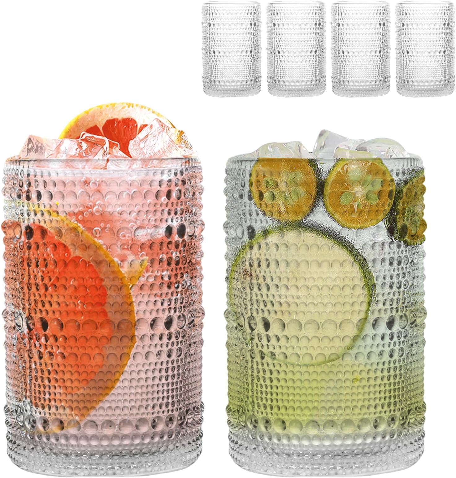 Set of 4 Hobnail Drinking Glasses, 15 oz, Vintage Jupiter Drinking Glasses,Embossed Old Fsahioned Glassware for Beer,Water,Juice,Cocktail,Whiskey,Gift (Clear, Large)