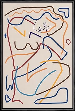Framed Canvas Print Wall Art Minimalist Colorful Abstract Line Art of a Woman Illustrations Modern Art Minimal Relax/Calm for Living Room, Bedroom, Office - 16"x24" Black
