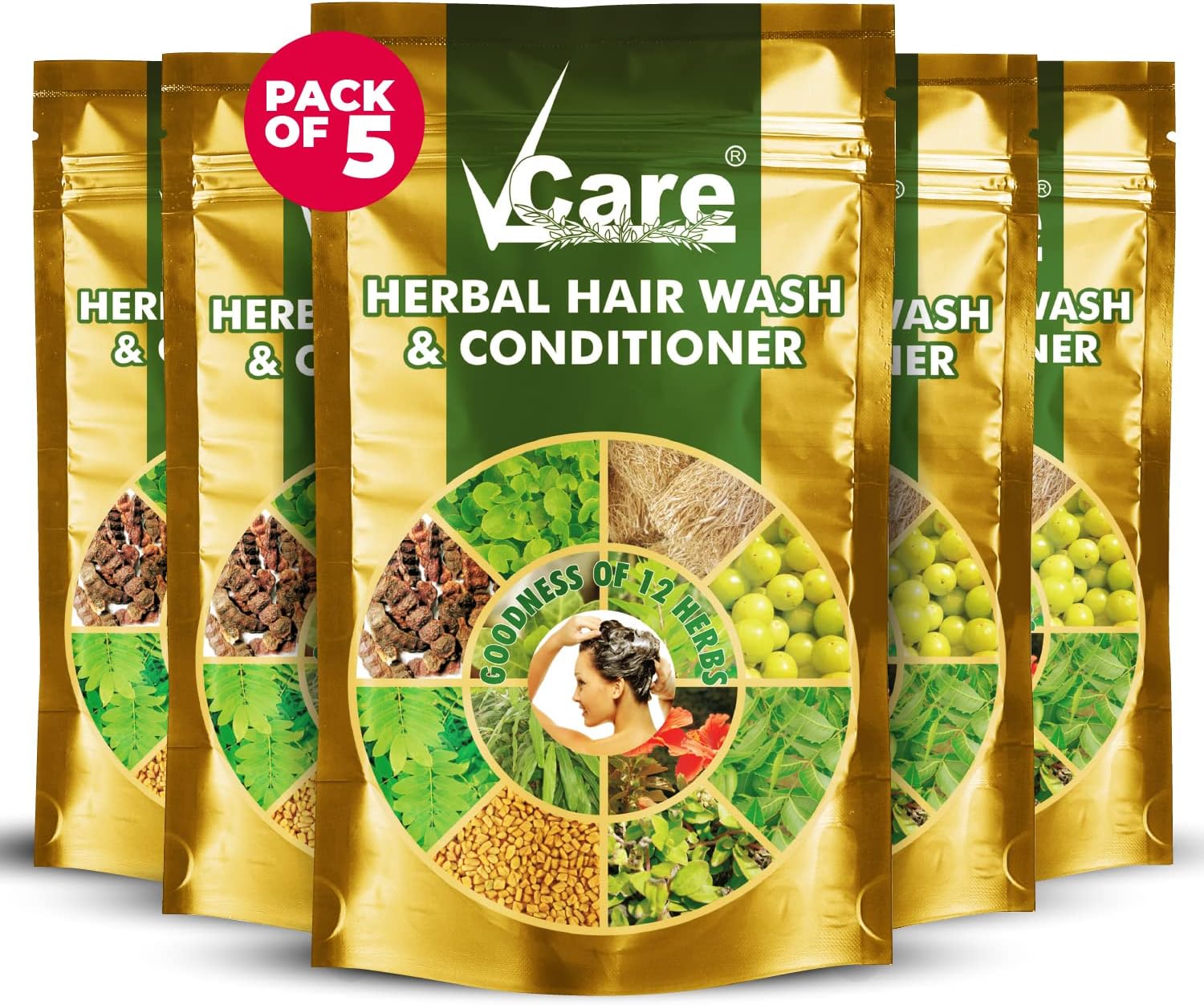 VCare Herbal Hair Wash And Conditioner For Men And Women| 100% Natural With 12+ Herbs Amla, Shikakai, Bhringraj, Hibiscus Powder For All Hair Type,-100Gm (Pack Of 5)