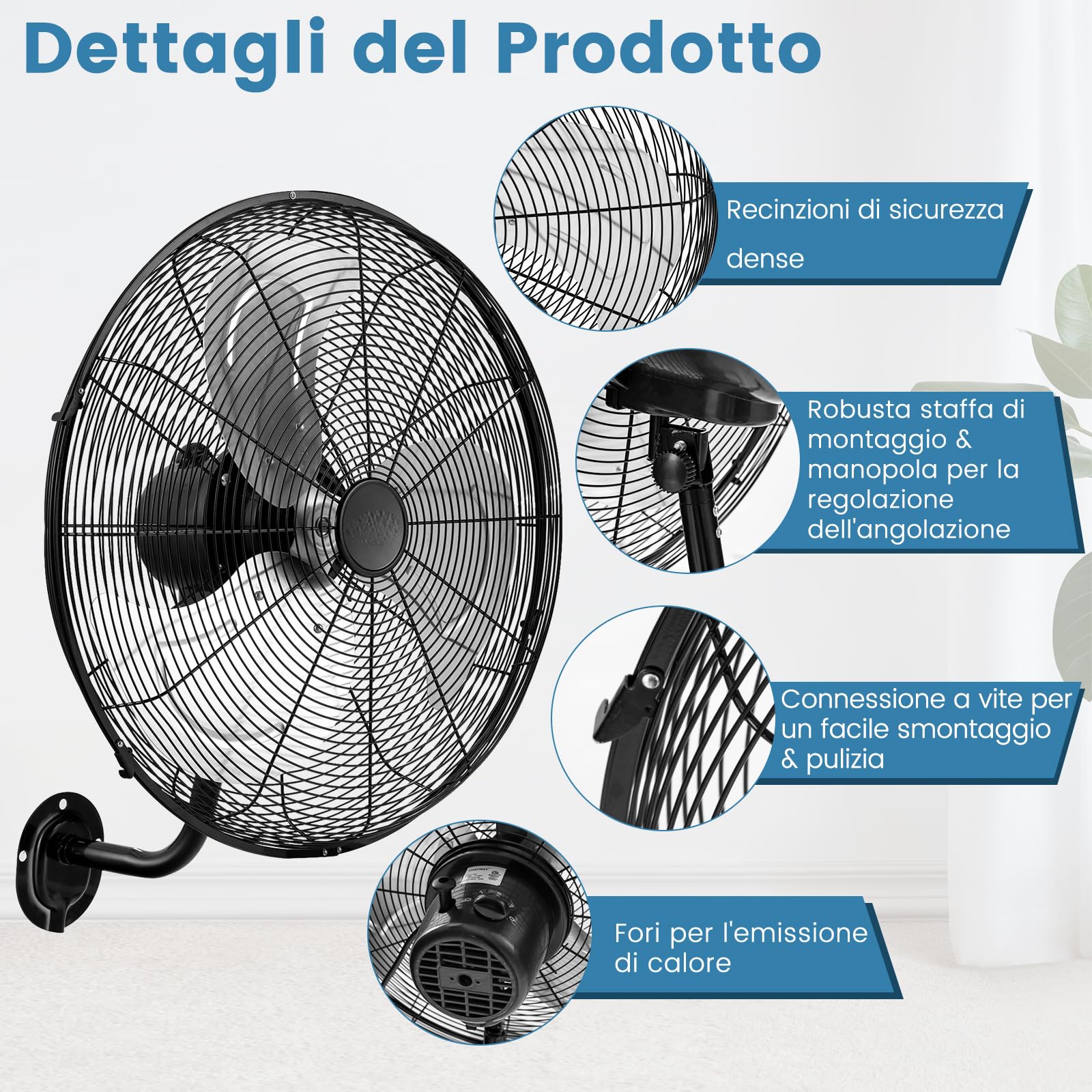 GYMAX Ventilatore da Parete con 3 Pale, Diametro 56 cm, 3 Livelli di Velocità, Kit Fissaggio Incluso, Grande e Potente, 120 W (Nero)