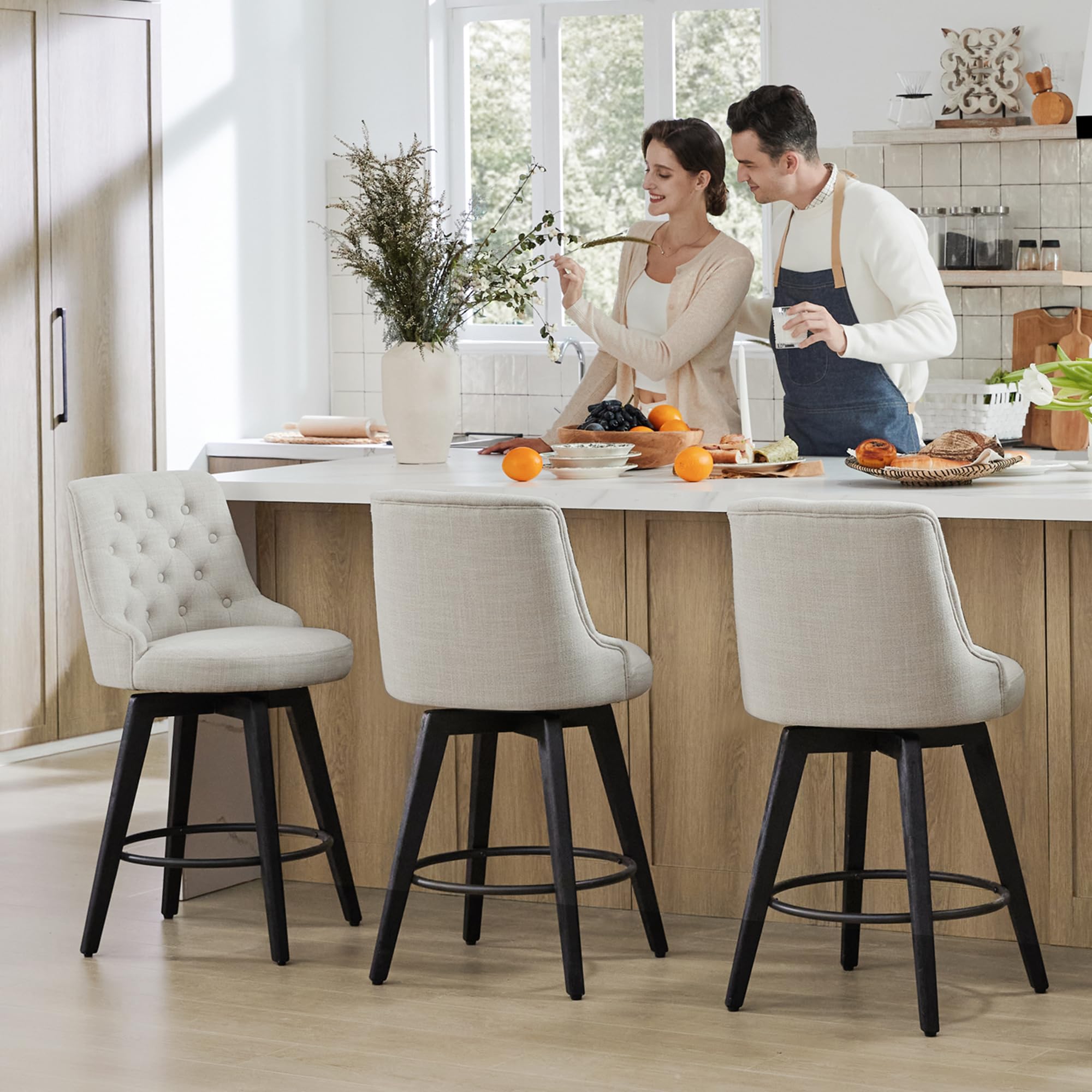 Watson & Whitely Modern Swivel Bar Stools, Performance Fabric Upholstered Counter Height Bar Stool with Back, Solid Wood Legs, 26