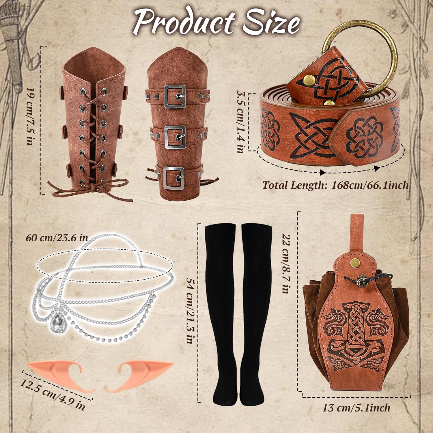 nezababycos 7PCS Women Renaissance Fairy Costume Medieval Elf Hooded Dress Leather Arm Pouch Belt Halloween Cosplay Outfit
