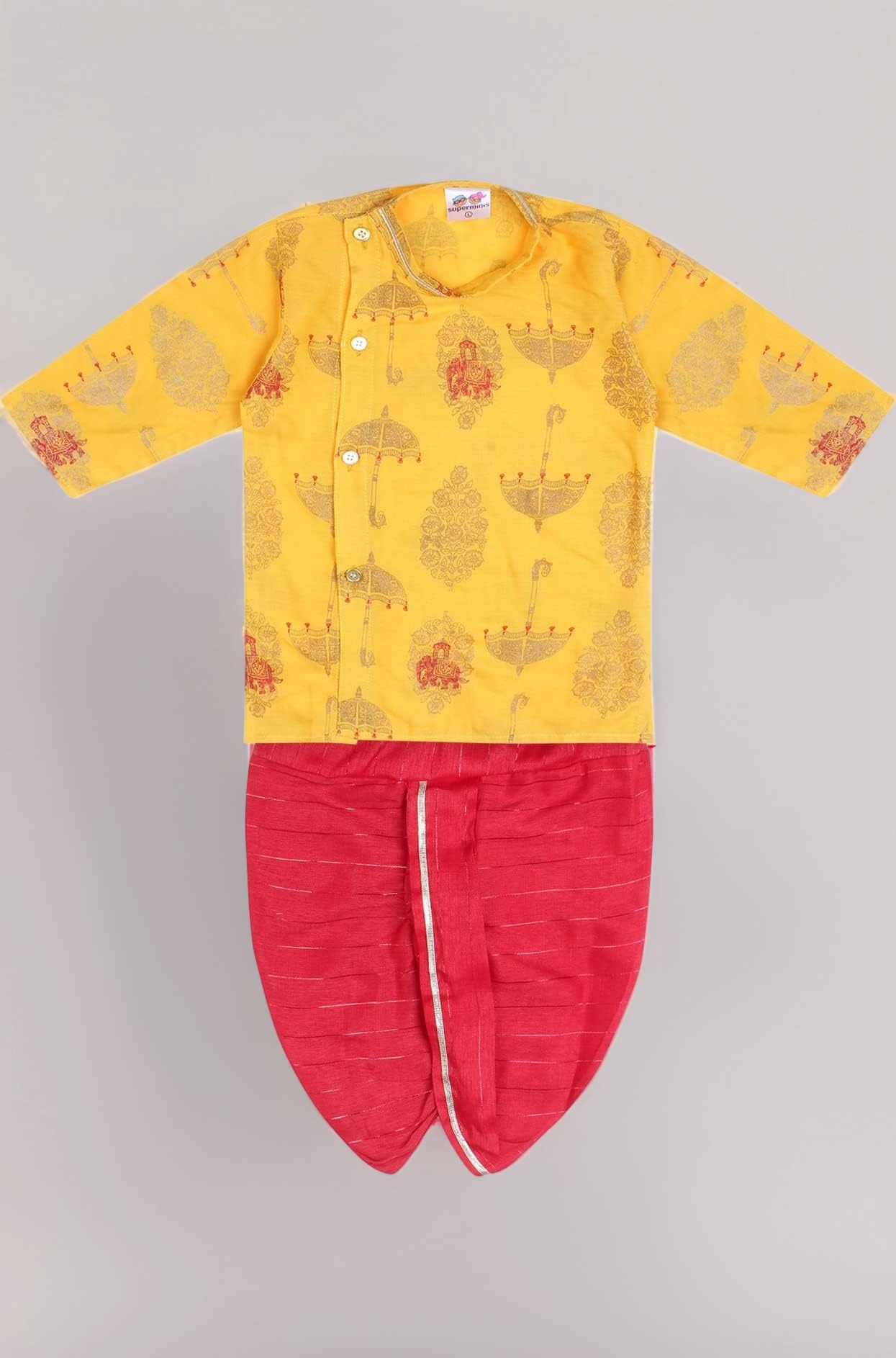 Superminis Boy's Golden Foil Printed Side Open Cotton Kurta, Round Collar, Full Sleeves With Cream Color Dhoti