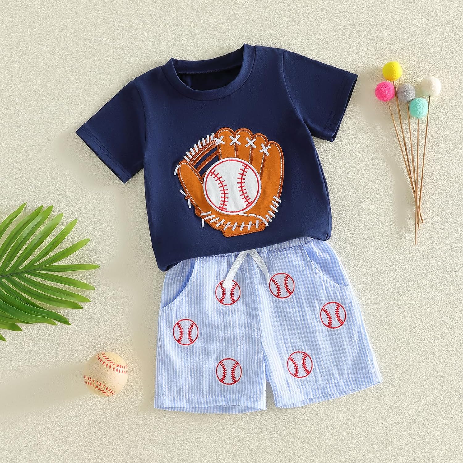 Toddler Baby Boy Summer Outfit Short Sleeve Embroidery Baseball Tops Plaid Shorts Cute Baseball Clothes Set