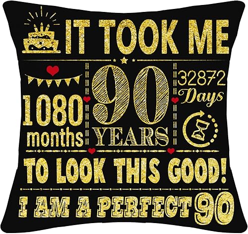 Funda de almohada negra de 18 x 18 pulgadas para 90 años, para mujeres de 90 años, regalo de cumpleaños para mamá, papá, abuela, abuelo, tía, tío,