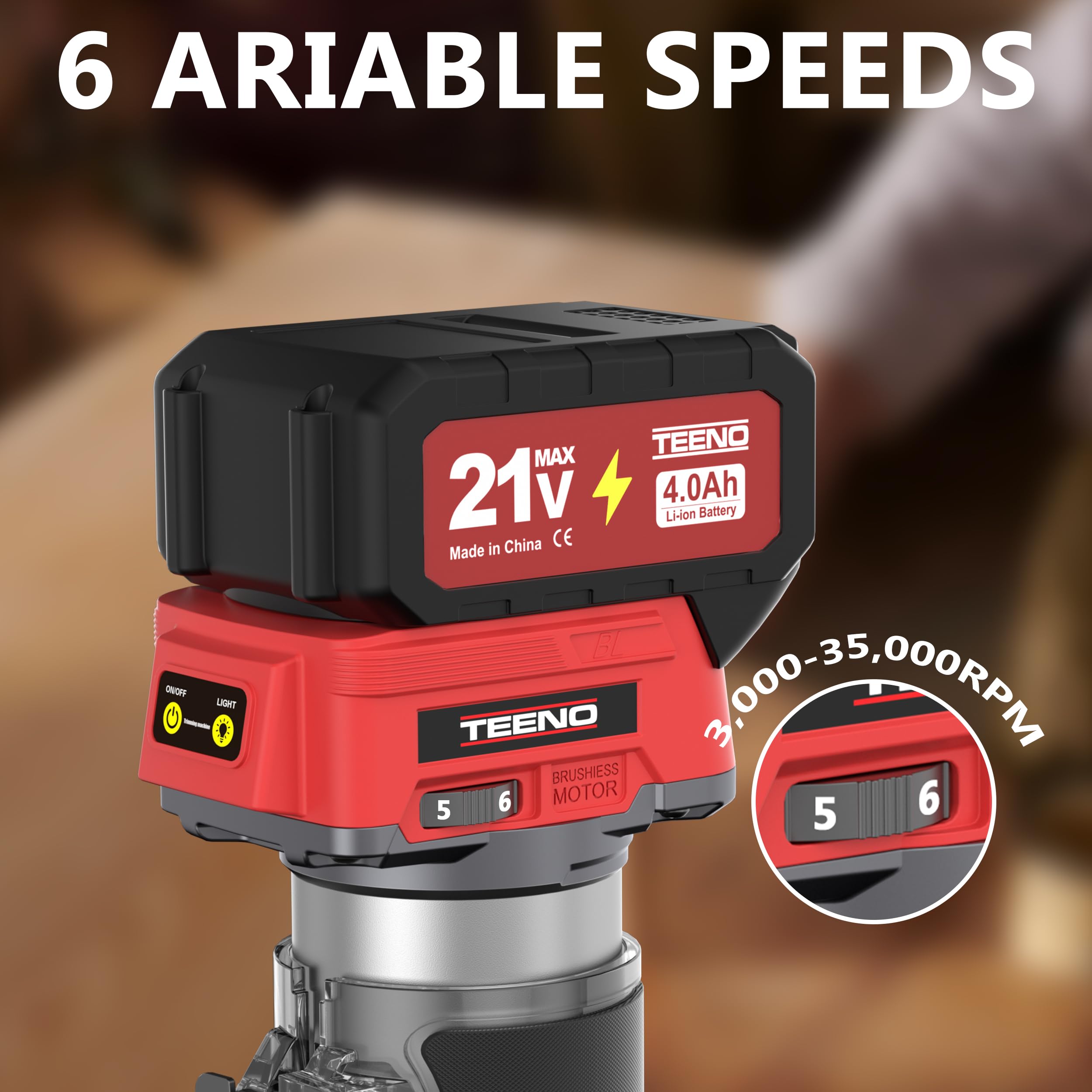 Fresadora De Madera Rebajadora Eléctrica 20 V, mini trituradora portátil con 2 baterías de 4,0 Ah y motor sin escobillas, 6 velocidades variables hasta 35,000 RPM, viene con guía de borde, guía de