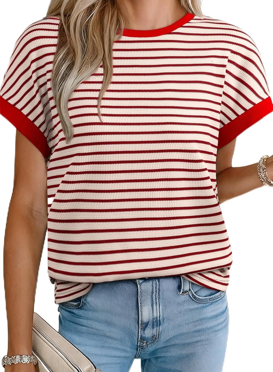 Acelitt Women’s Short Sleeve Knit Tops 2025 Trendy Crewneck Striped T Shirts Casual Summer Blouses Outfits