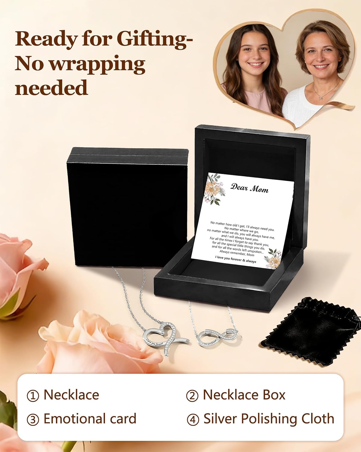 Mother Day Gift for Mom, 2-in-1 Infinity Heart Necklace for Mom from Daughter Son, I Love You Forever Pendant, Adjustable Silver Necklace with Message Card & Gift Box