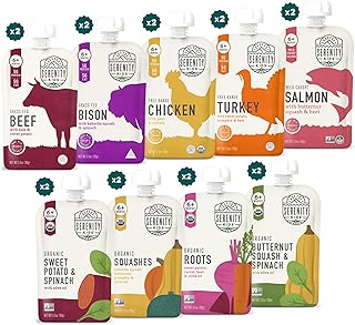 Serenity Kids Más de 6 meses de carnes + verduras mixtas de puré de alimentos para bebés, paquete variado de 18 unidades, sin frutas azucaradas ni azúcar añadido, bolsa de 3.5 onzas sin BPA ni