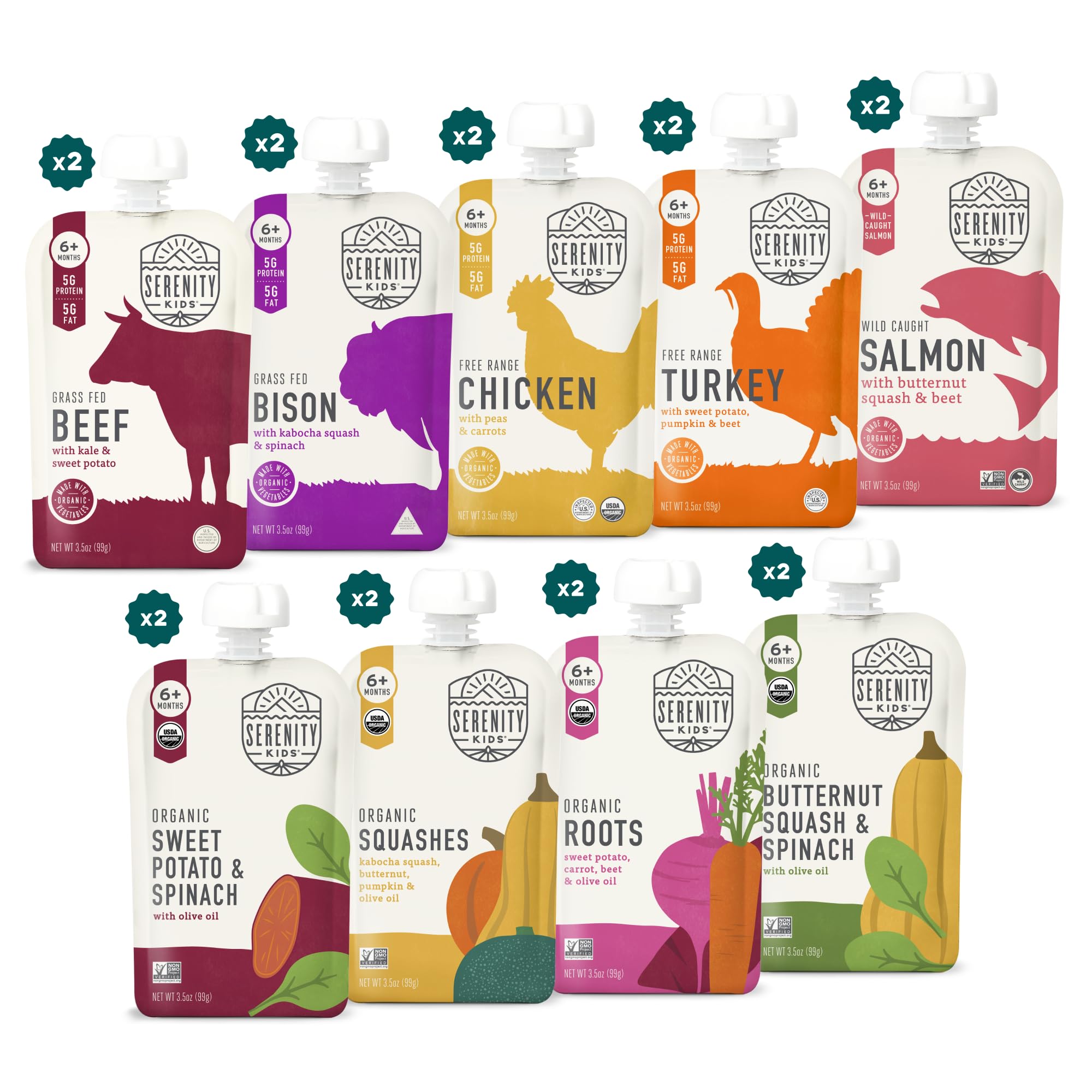 Serenity Kids 6+ Months Meats + Veggies Mixed Baby Food Puree Pouch Variety Pack 18 Count- No Sugary Fruits or Added Sugar - 3.5 Oz BPA & Allergen Free Pouch- Baby Puree Variety Pack - Pouches - Bison