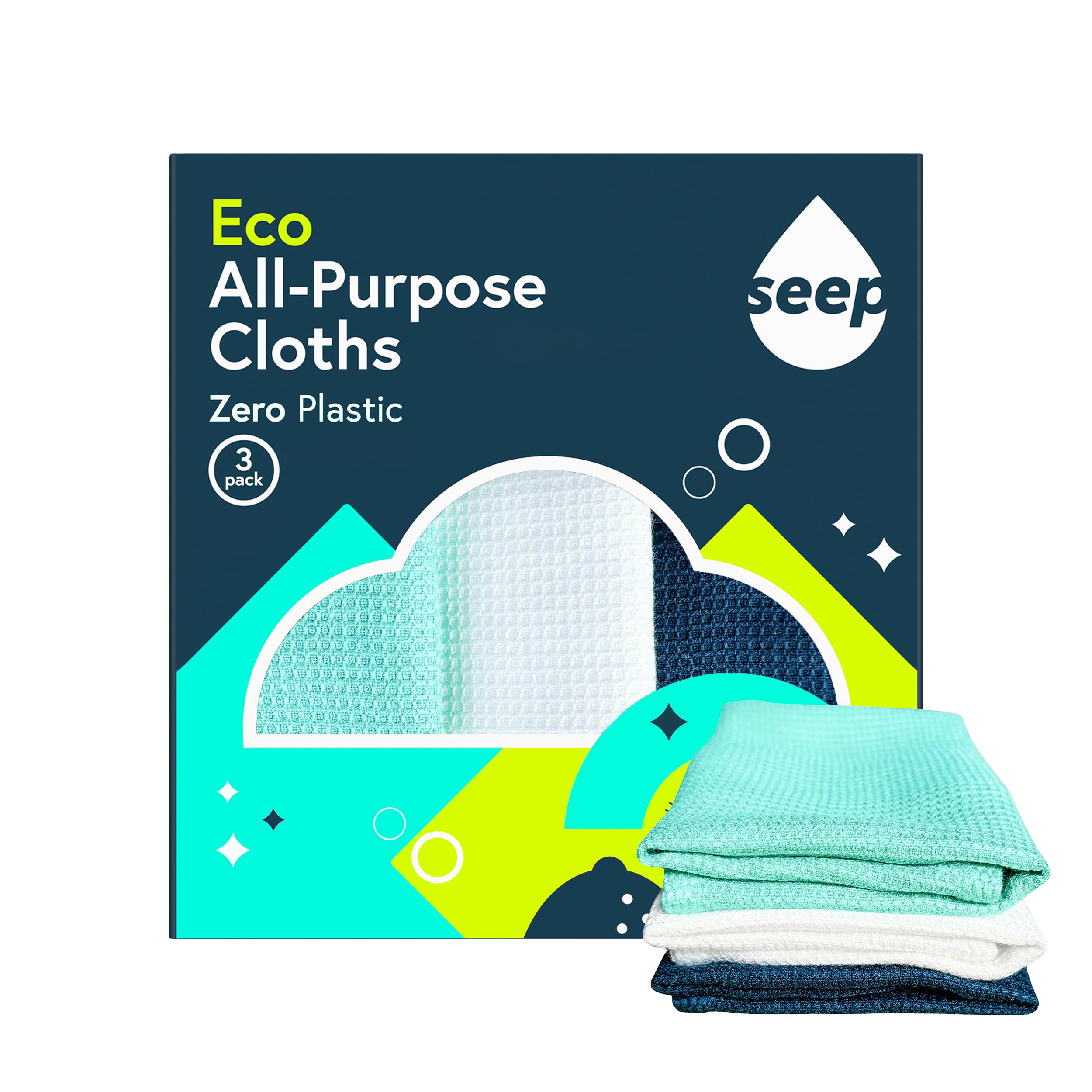 Seep Turquoise Plastic-Free Bamboo Cleaning Cloths 3-Pack | Reusable All-Purpose Cloths