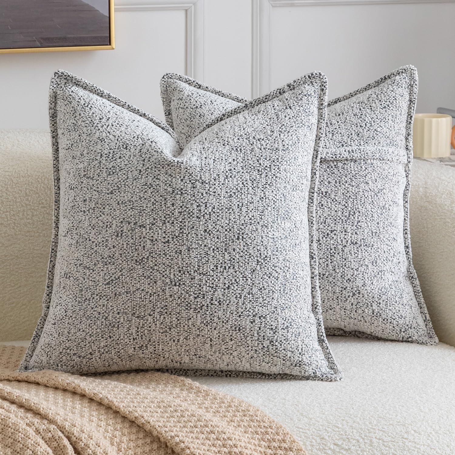 Madizz Pack of 2 Decorative Cushion Covers Boho Soft Textured Chenille Throw Pillows Solid Pillow Covers for Couch Sofa Bedroom Living Room 45x45 CM, Mixed Grey