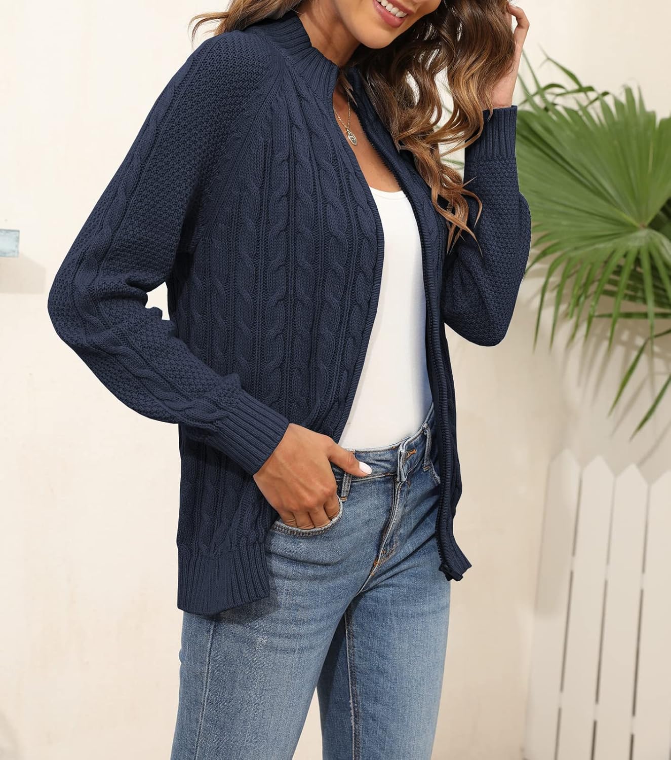 Hongqizo Women's Zipper Cable Knit Sweater Cardigan Long Sleeve Open Front Warm Knit Cardigan Casual Cardigan Knitwear