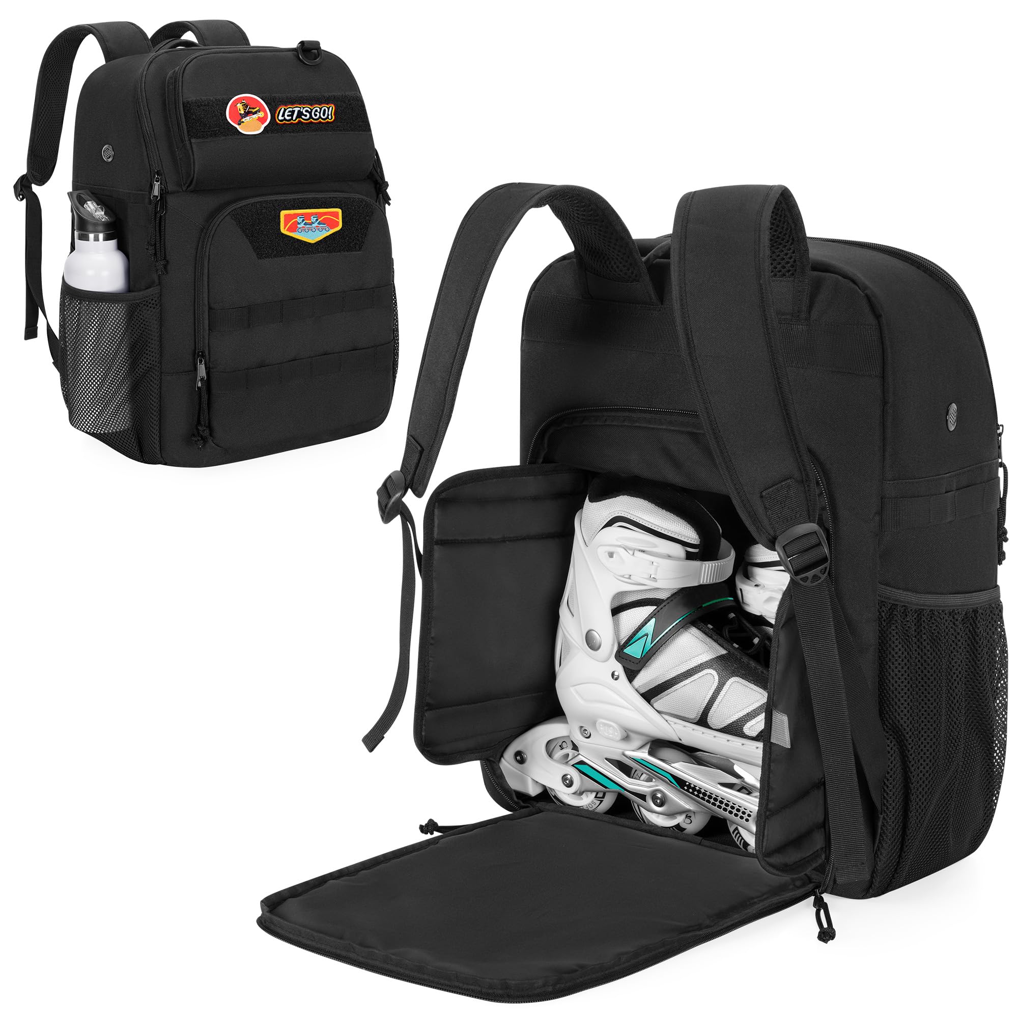GOBUROS Skate Tasche für Schuhe bis US Herrengröße 13, Rollschuh Rucksack mit Mehreren Zubehörfächern, Inline Skate Tasche für Damen und Herren, Schwarz