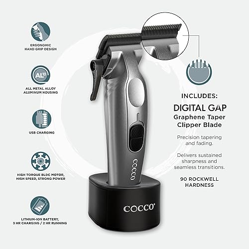 Miniatura 4 de Cocco Veloce Pro Clipper, Digital Gap Ambassador Graphene Taper Blade Profesional Clipper, Motor BLDC de alto par, totalmente metálico, inalámbrico,