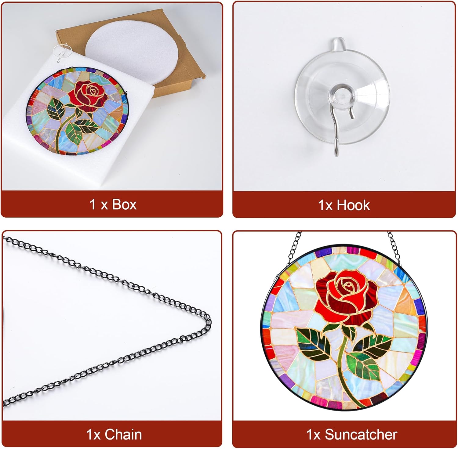 Stained Glass Window Hanging, Red Rose Suncatcher 7.8 in Sun Catcher Glass Panel Boho Wall Art Decor with Chain Diamond Glass Panel Hangings Scenery Sun Catchers Decor for Lover Couple Mom