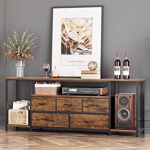 Miniatura 4 de Soporte de TV para televisores de hasta 75 pulgadas, mesa consola industrial de TV con 5 cajones de tela y 3 estantes abiertos, centro de