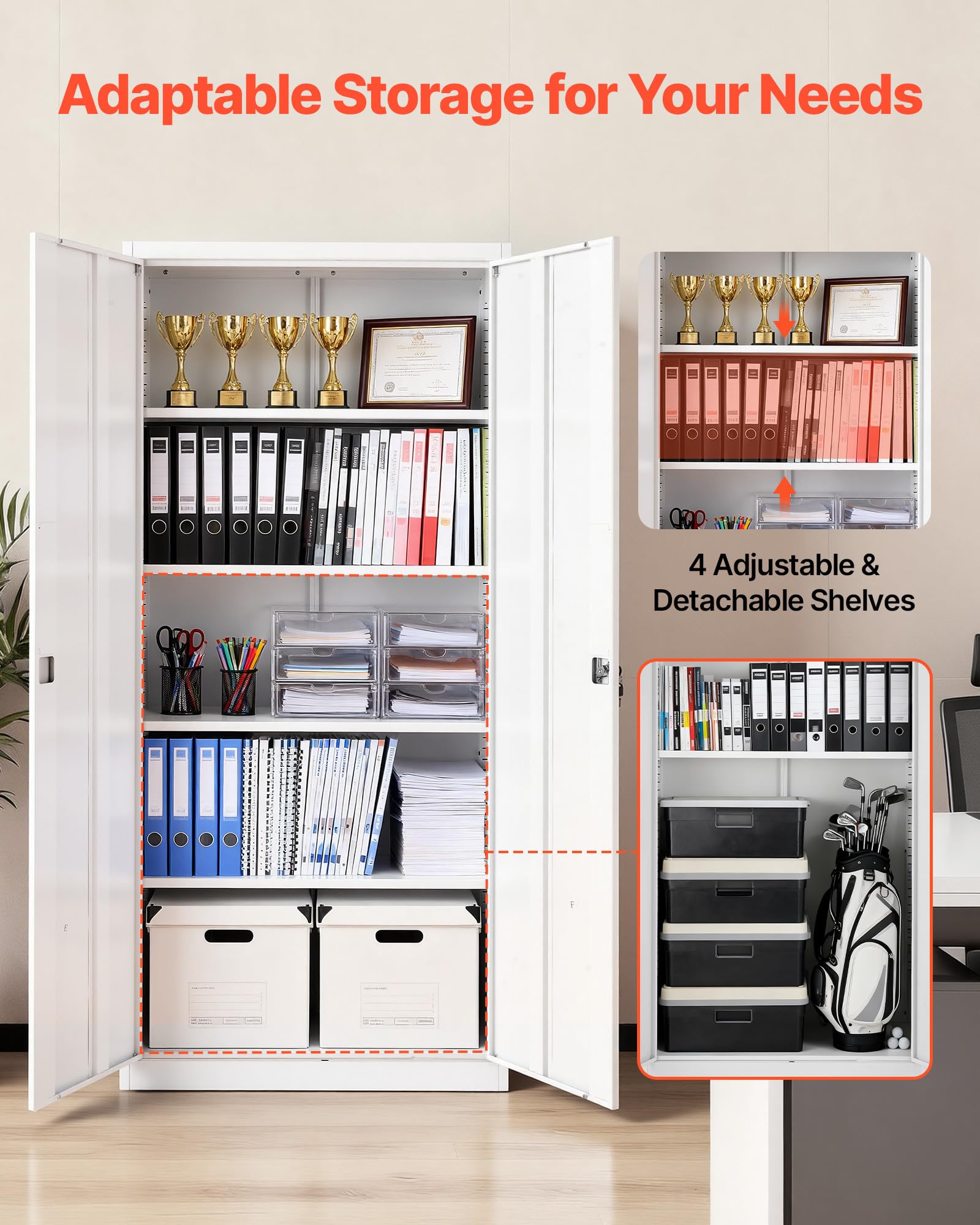 VEVOR Armario de Almacenamiento Metálico de 5 Niveles 80 x 40 x 175 cm, Gabinete de Garaje de Acero con Cerradura, para Herramientas de Despensa, Almacén, Sótano, Lavandería, Oficina, Blanco