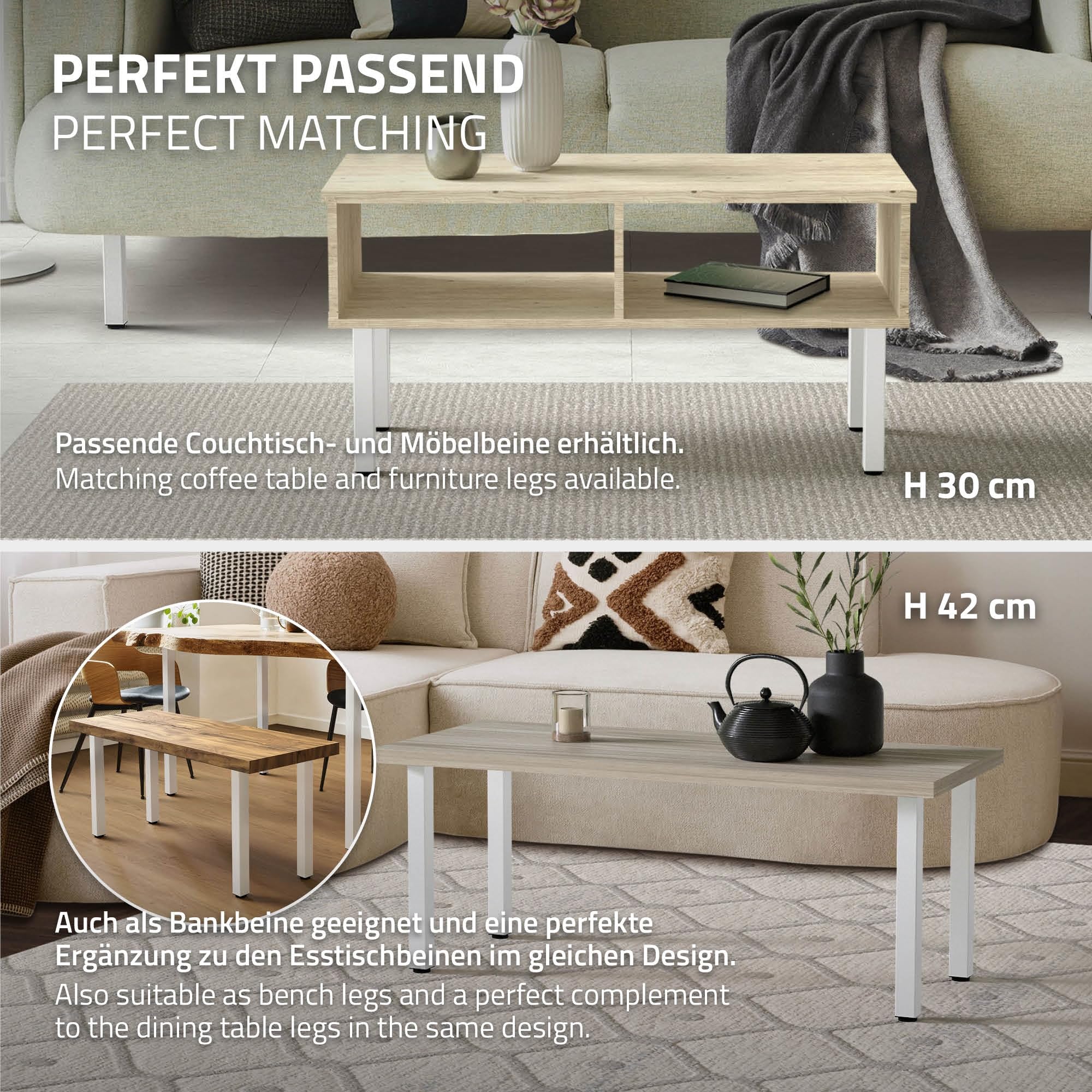 ML-Design Juego de 4 Patas de Mesa 72cm Blanco Brillante de Acero con Recubrimiento en Polvo, Perfil 4x4cm, Pies Regulables en Altura 1-4 cm para Muebles, Mesitas de Centro, Bancos o Aparadores